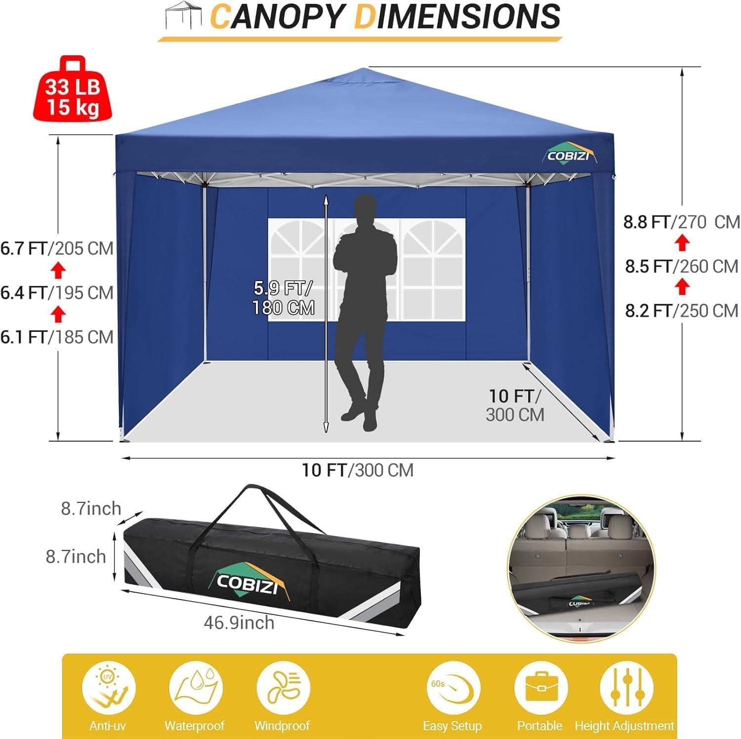 image:imageCOBIZI 10x10 Pop Up Canopy Tent with Removable Sidewalls Waterproof Portable Easy Up Canopy with Carry Bag Instant Outdoor Shelter Tents for Parties Events Backyard Gatherings Weddings KhakiNavy Blue