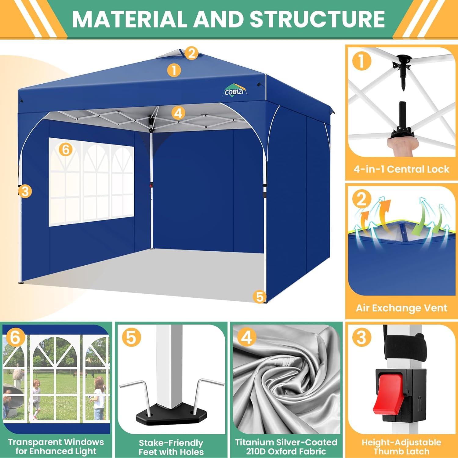 image:imageCOBIZI 10x10 Pop up Canopy Canopy Tent 10x10 with 3 Sidewalls 1 Person Easy Set upTents for Parties Outdoor Tent with Fluorescent Strip amp 4 Sandbags Waterproof 3 Adjustable HeightDark BlueDark Blue 2