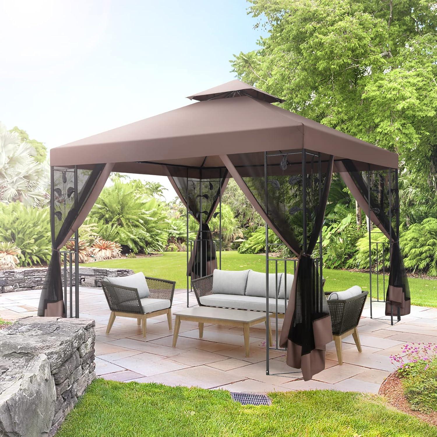 image:imageCOBIZI 10x10 Pop up Canopy Canopy Tent 10x10 with 3 Sidewalls 1 Person Easy Set upTents for Parties Outdoor Tent with Fluorescent Strip amp 4 Sandbags Waterproof 3 Adjustable HeightDark BlueBrown