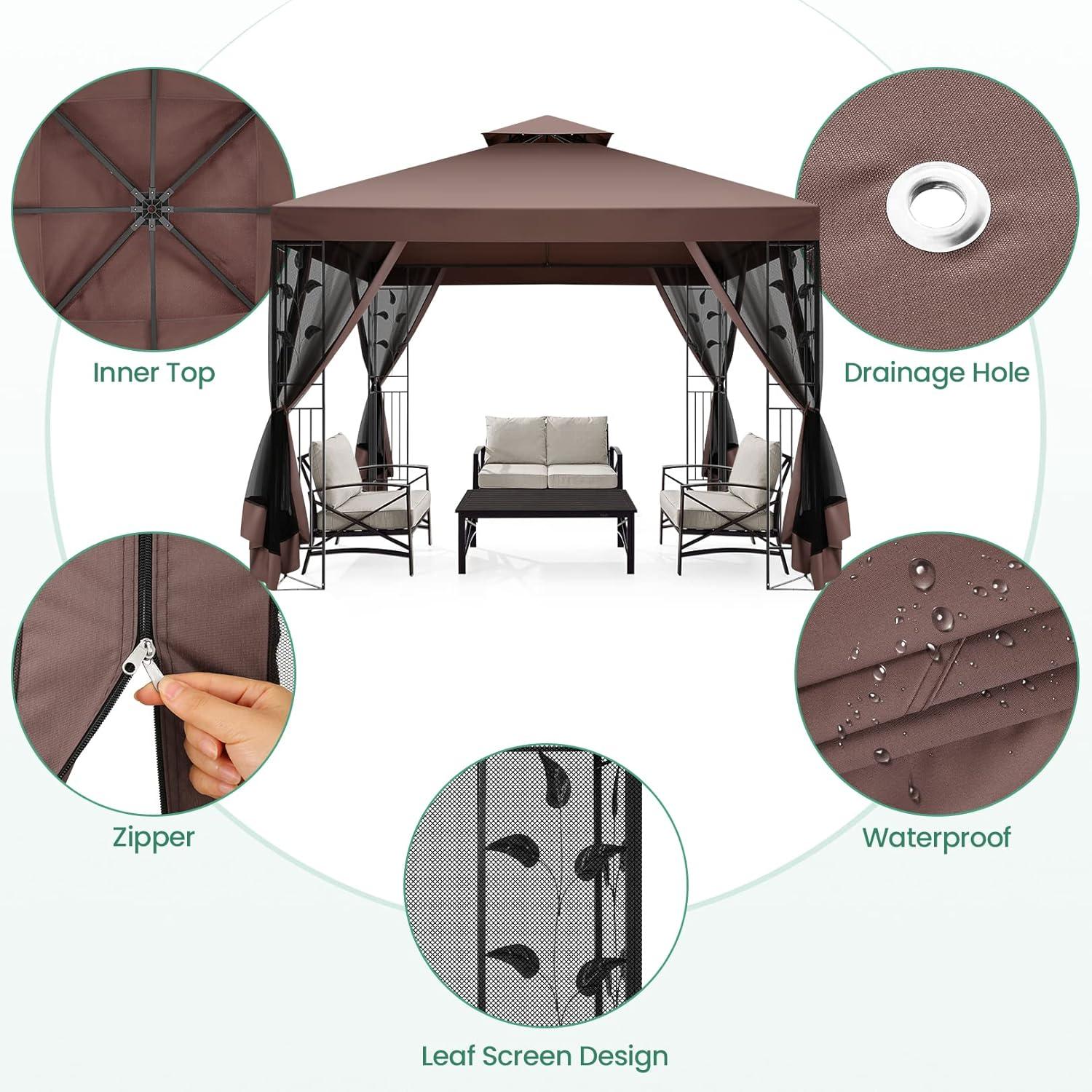 image:imageCOBIZI 10x10 Pop up Canopy Canopy Tent 10x10 with 3 Sidewalls 1 Person Easy Set upTents for Parties Outdoor Tent with Fluorescent Strip amp 4 Sandbags Waterproof 3 Adjustable HeightDark BlueBrown
