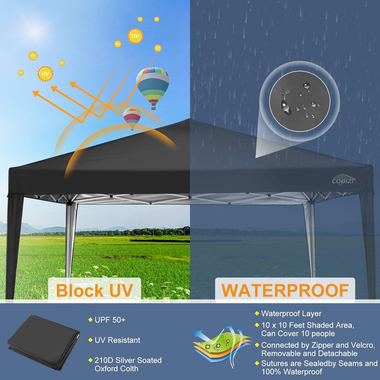 image:imageCOBIZI 10x10 Pop up Canopy Canopy Tent 10x10 with 3 Sidewalls 1 Person Easy Set upTents for Parties Outdoor Tent with Fluorescent Strip amp 4 Sandbags Waterproof 3 Adjustable HeightDark BlueGray1715