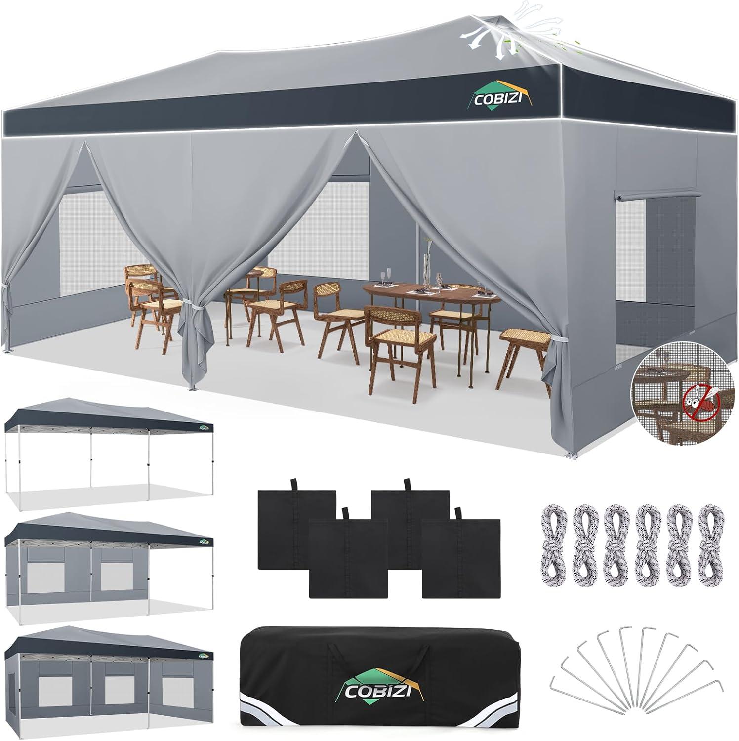 image:imageCOBIZI 10x10 Pop up Canopy Portable Garage with 1Button Push Center Lock Car Port Garage with 1 Sidewalls UV Resistant Waterproof AllSeason Tents Shelter for TruckSilverDimGray