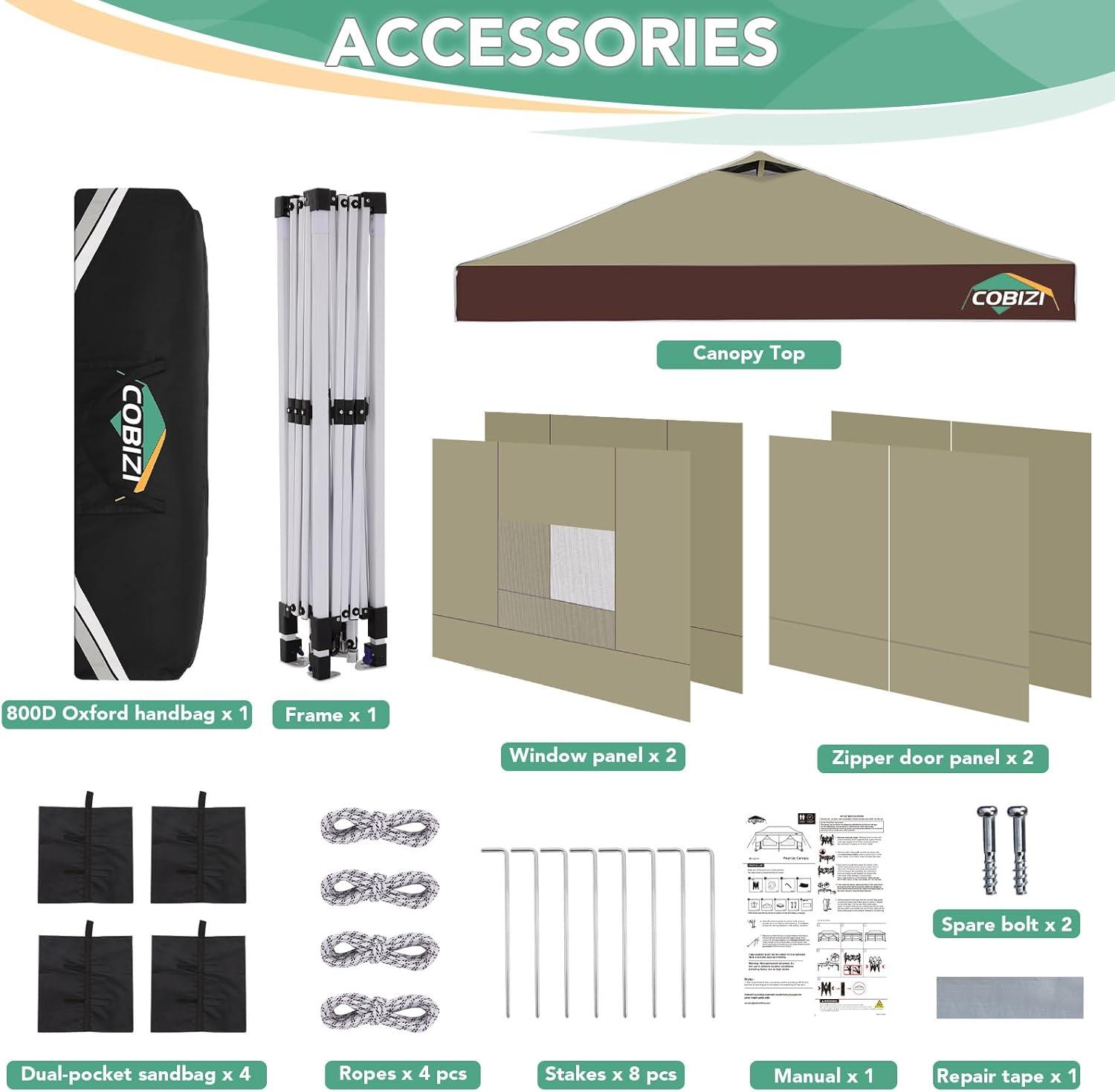image:imageCOBIZI 10x10 Pop up Canopy Portable Garage with 1Button Push Center Lock Car Port Garage with 1 Sidewalls UV Resistant Waterproof AllSeason Tents Shelter for TruckKhakiDarkBrown