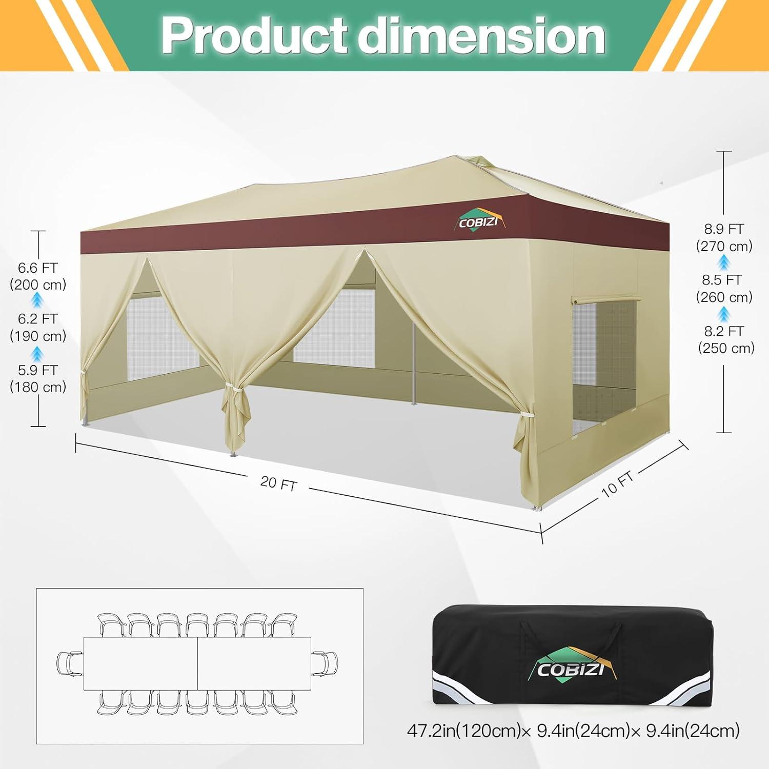image:imageCOBIZI 10x10 Pop up Canopy Portable Garage with 1Button Push Center Lock Car Port Garage with 1 Sidewalls UV Resistant Waterproof AllSeason Tents Shelter for TruckKhakiDarkBrown