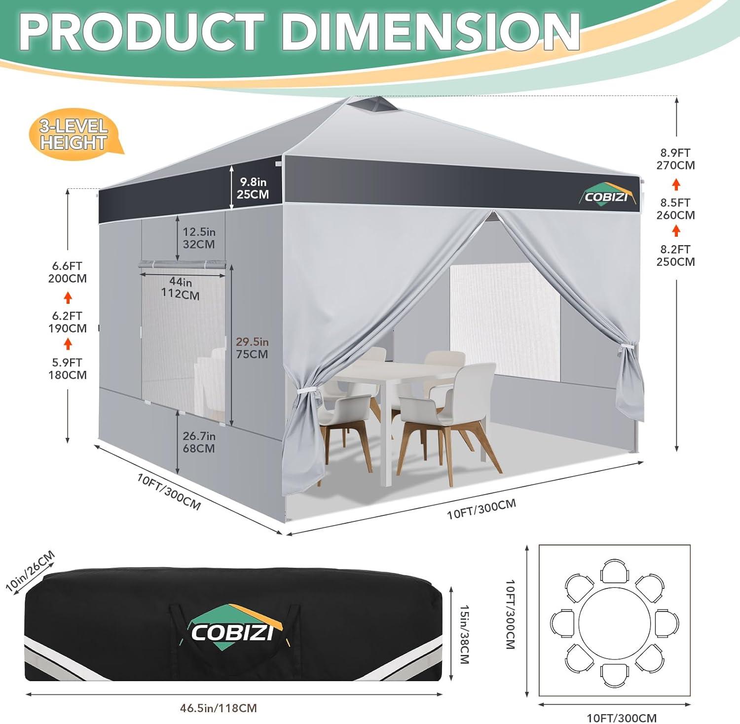 image:imageCOBIZI 10x10 Pop up Canopy Portable Garage with 1Button Push Center Lock Car Port Garage with 1 Sidewalls UV Resistant Waterproof AllSeason Tents Shelter for TruckMistGrayDimGray