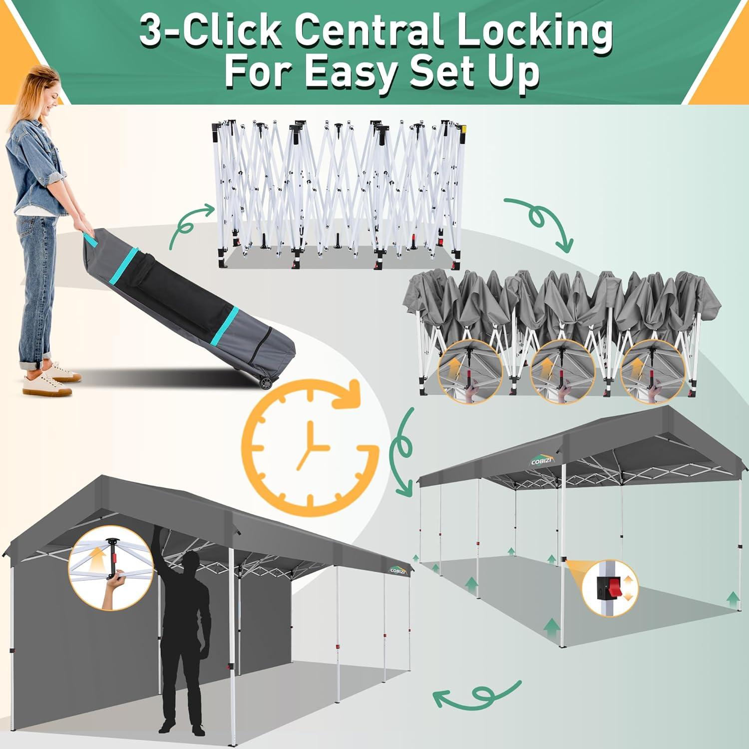 image:imageCOBIZI 10x10 Pop up Canopy Portable Garage with 1Button Push Center Lock Car Port Garage with 1 Sidewalls UV Resistant Waterproof AllSeason Tents Shelter for TruckGray