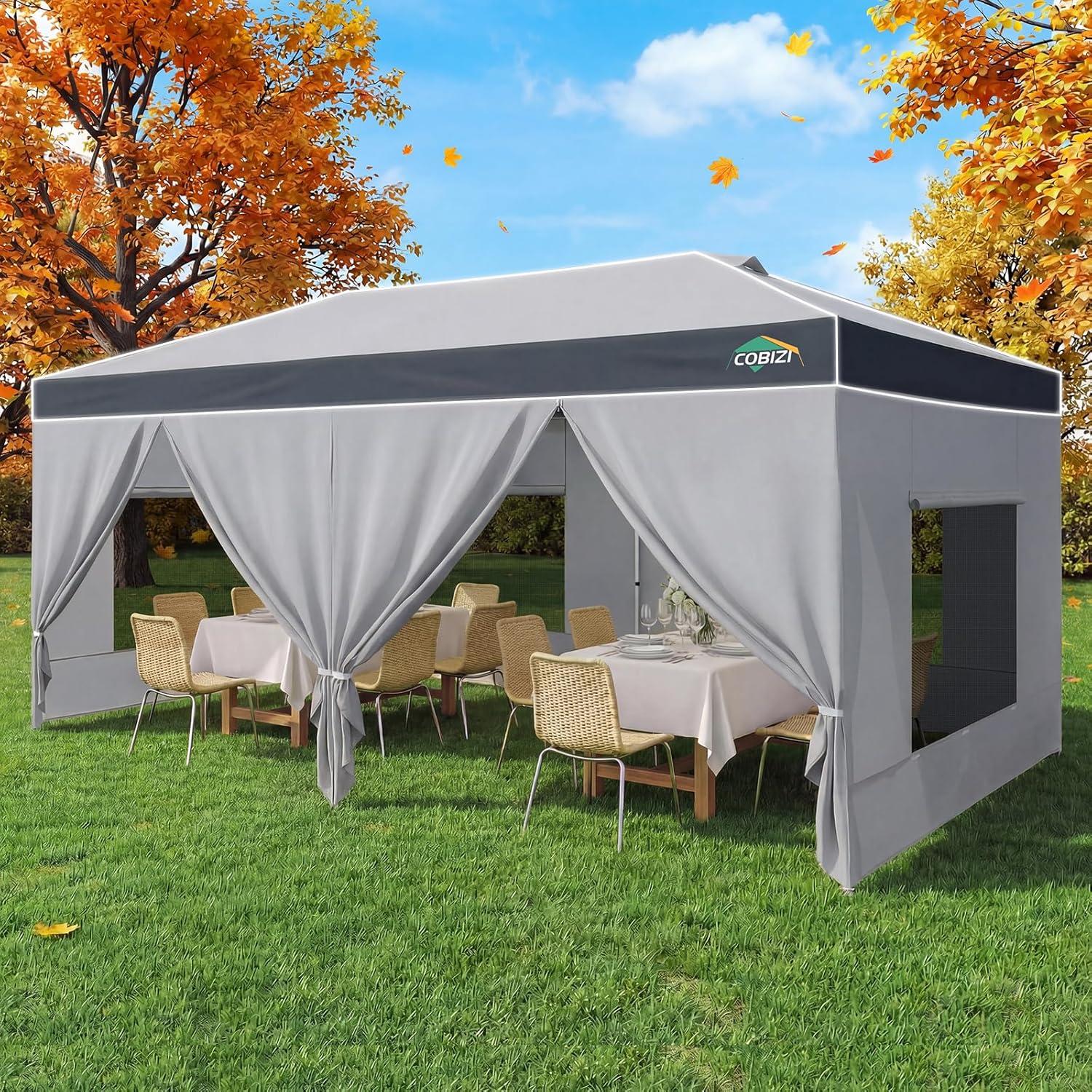 image:imageCOBIZI 10x10 Pop up Canopy Portable Garage with 1Button Push Center Lock Car Port Garage with 1 Sidewalls UV Resistant Waterproof AllSeason Tents Shelter for TruckSilverDimGray