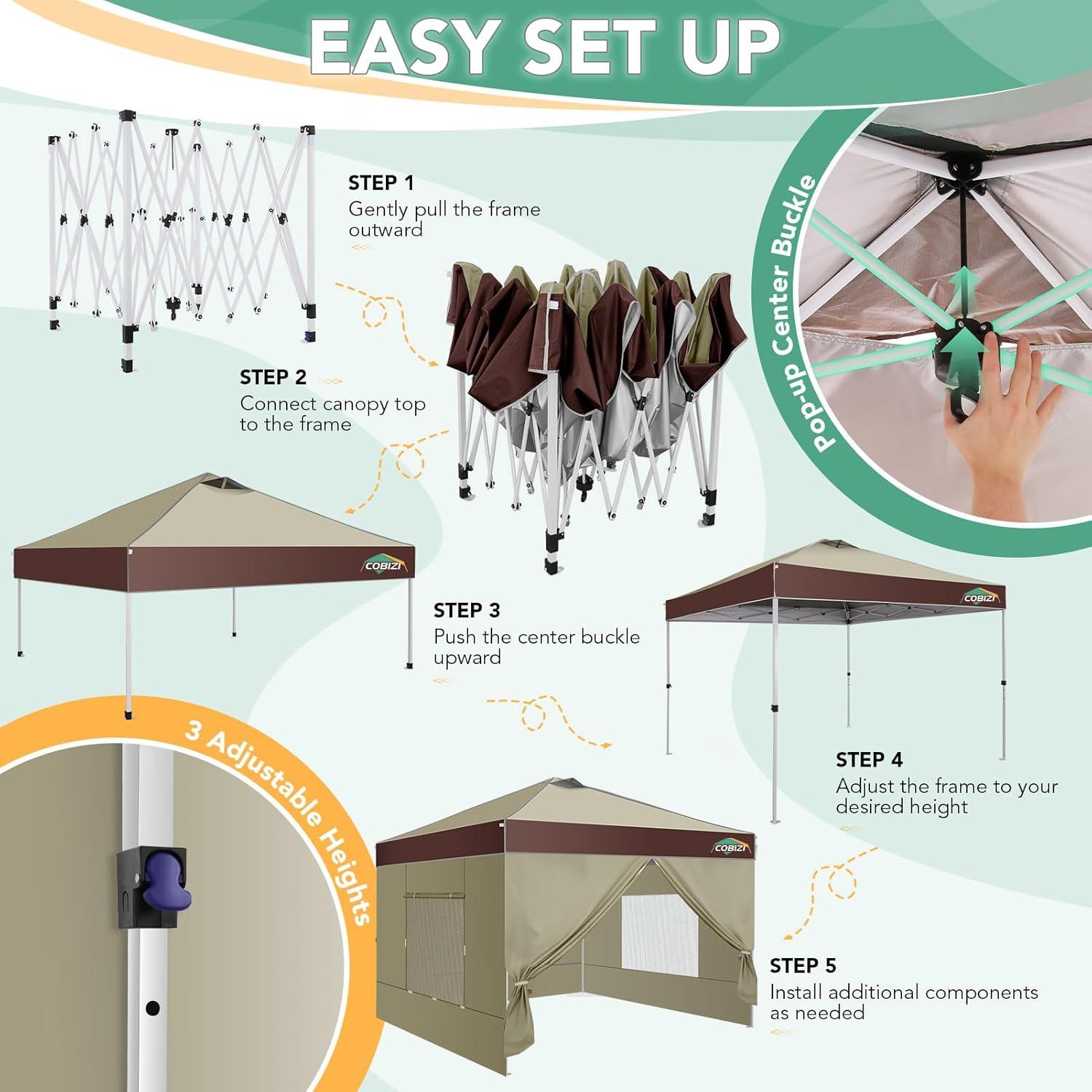 image:imageCOBIZI 10x10 Pop up Canopy Portable Garage with 1Button Push Center Lock Car Port Garage with 1 Sidewalls UV Resistant Waterproof AllSeason Tents Shelter for TruckKhakiDarkBrown