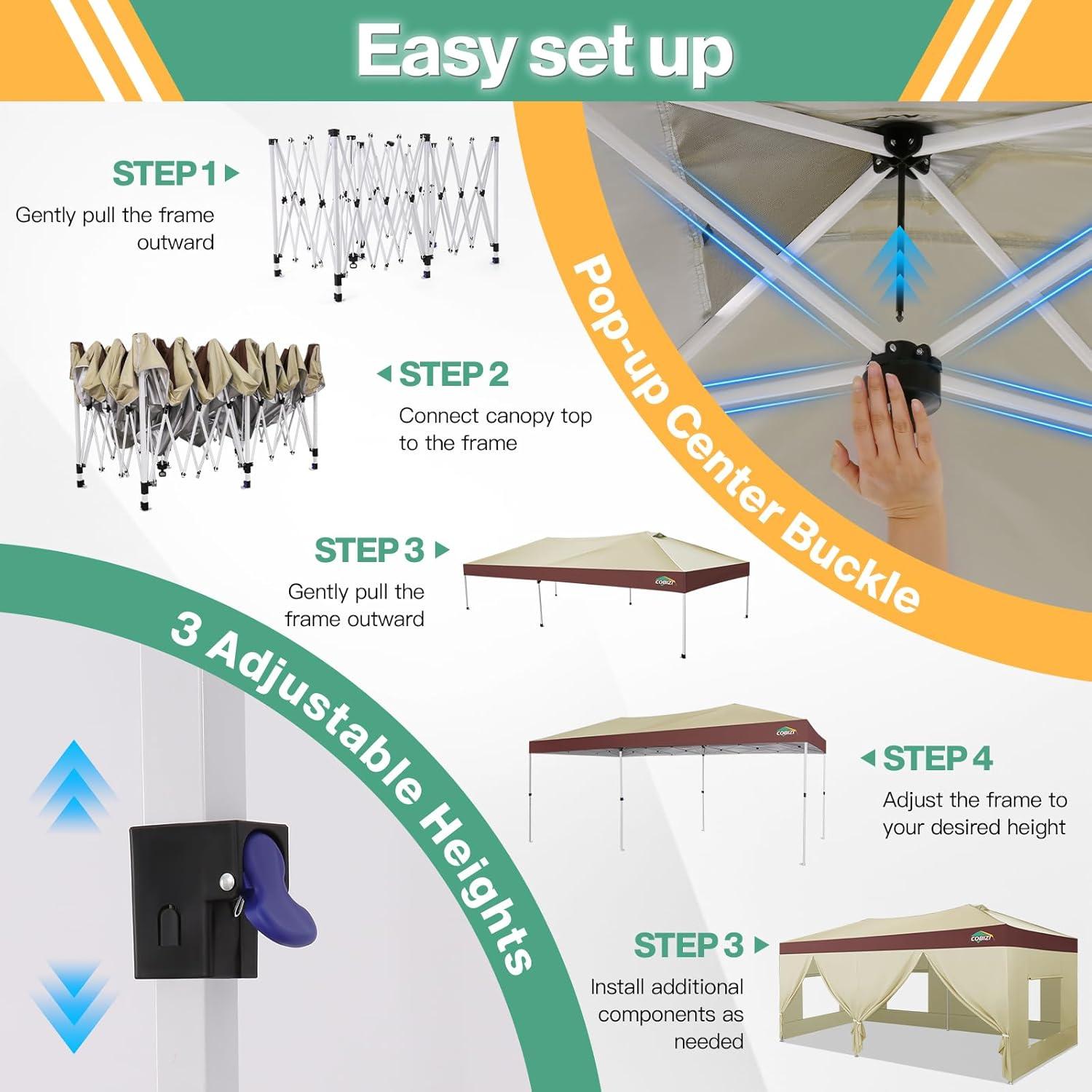 image:imageCOBIZI 10x10 Pop up Canopy Portable Garage with 1Button Push Center Lock Car Port Garage with 1 Sidewalls UV Resistant Waterproof AllSeason Tents Shelter for TruckKhakiDarkBrown