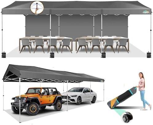 image:imageCOBIZI 10x10 Pop up Canopy Portable Garage with 1Button Push Center Lock Car Port Garage with 1 Sidewalls UV Resistant Waterproof AllSeason Tents Shelter for TruckGray