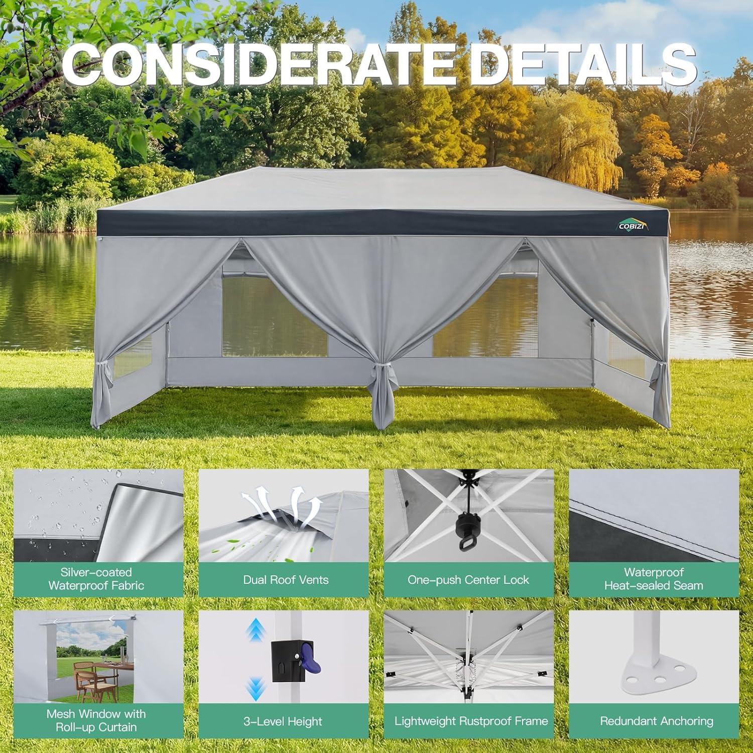 image:imageCOBIZI 10x10 Pop up Canopy Portable Garage with 1Button Push Center Lock Car Port Garage with 1 Sidewalls UV Resistant Waterproof AllSeason Tents Shelter for TruckSilverDimGray