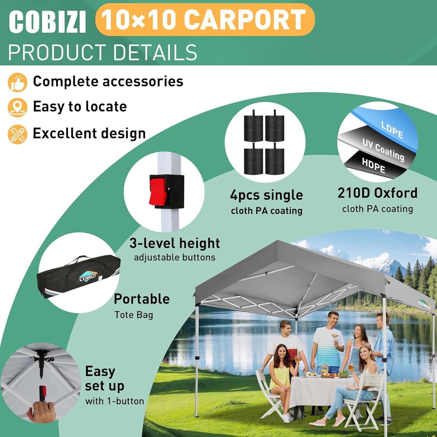 image:imageCOBIZI 10x10 Pop up Canopy Portable Garage with 1Button Push Center Lock Car Port Garage with 1 Sidewalls UV Resistant Waterproof AllSeason Tents Shelter for TruckGray