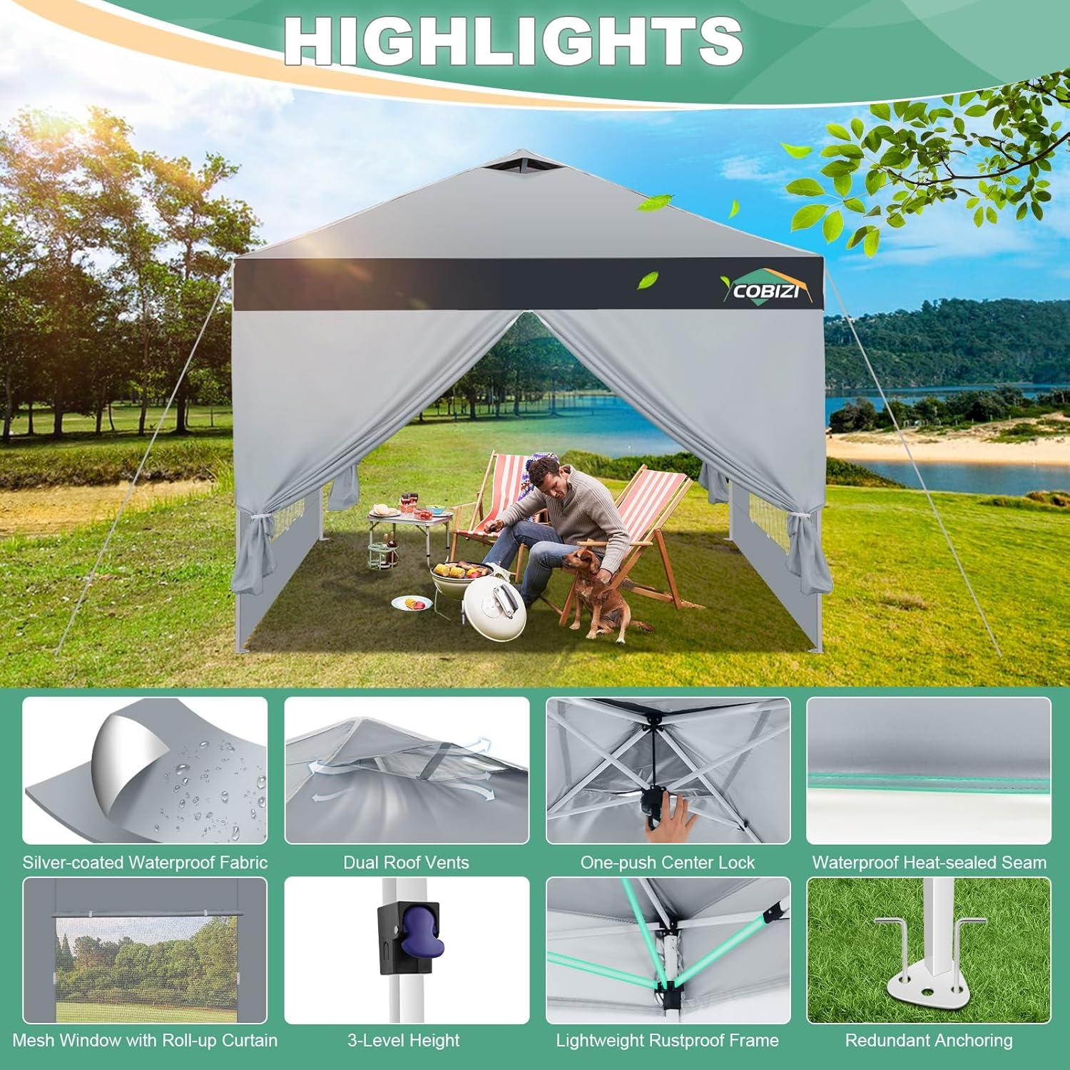 image:imageCOBIZI 10x10 Pop up Canopy Portable Garage with 1Button Push Center Lock Car Port Garage with 1 Sidewalls UV Resistant Waterproof AllSeason Tents Shelter for TruckSilverDimGray