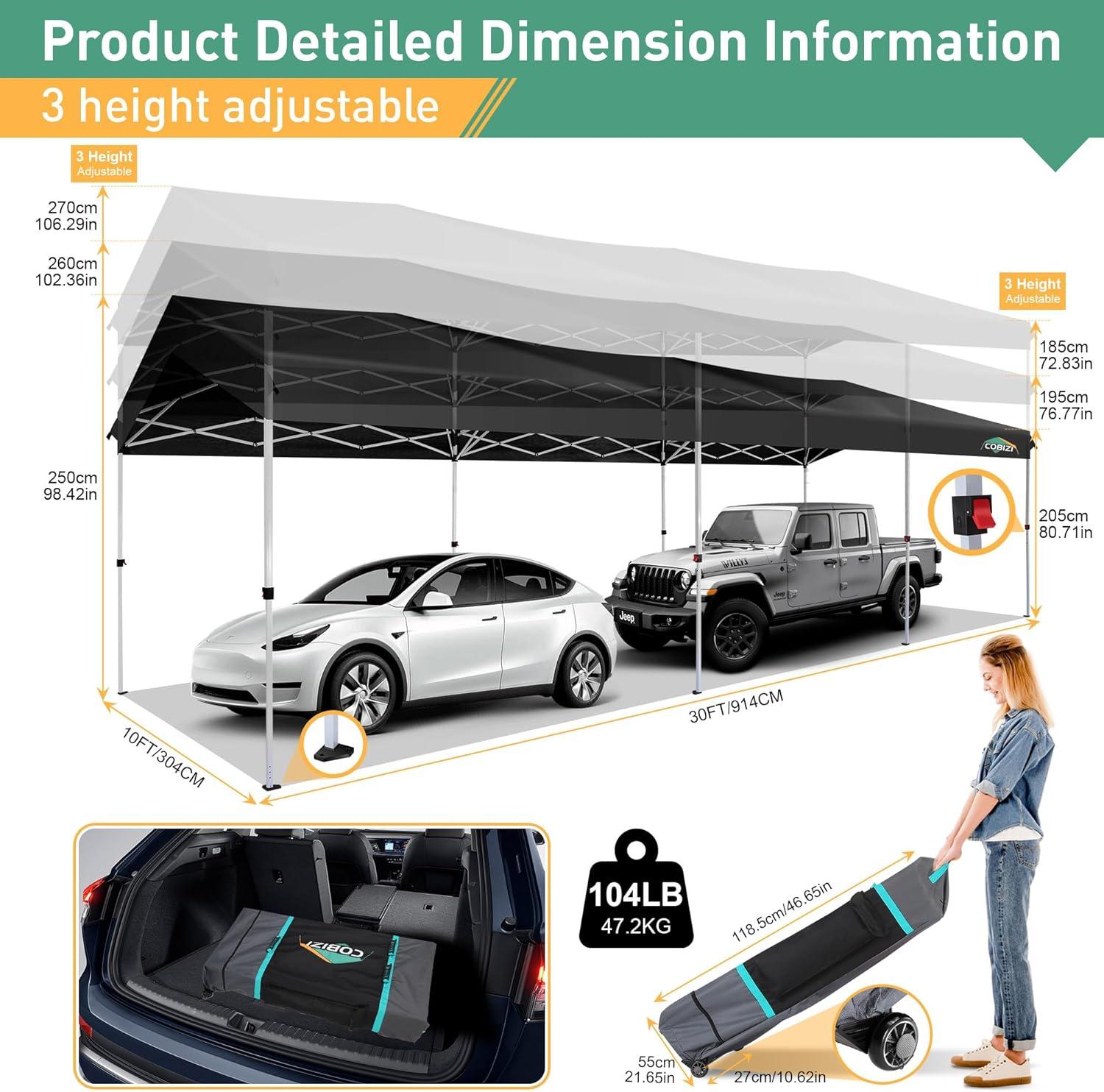image:imageCOBIZI 10x10 Pop up Canopy Portable Garage with 1Button Push Center Lock Car Port Garage with 1 Sidewalls UV Resistant Waterproof AllSeason Tents Shelter for TruckBlack