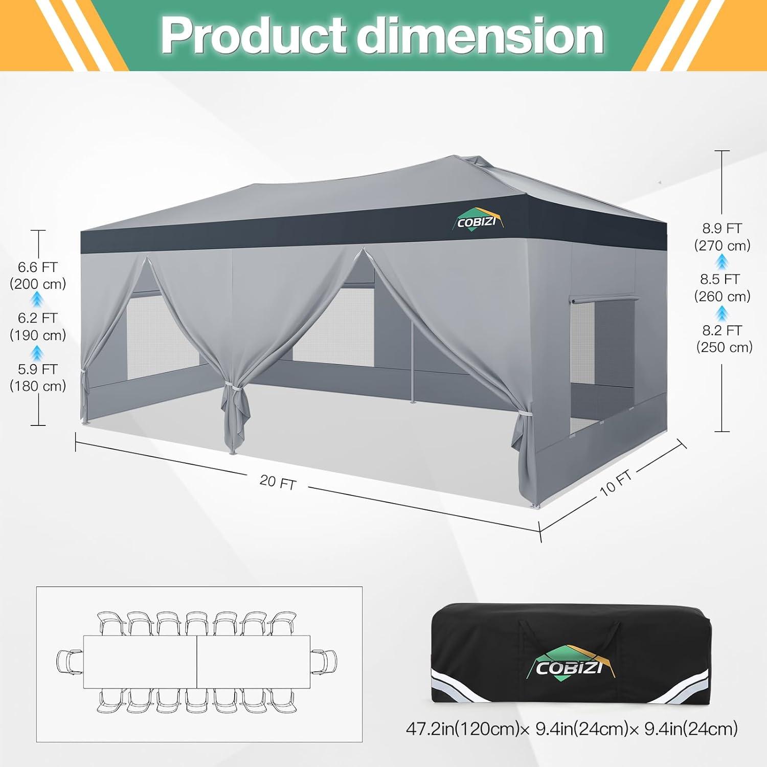 image:imageCOBIZI 10x10 Pop up Canopy Portable Garage with 1Button Push Center Lock Car Port Garage with 1 Sidewalls UV Resistant Waterproof AllSeason Tents Shelter for TruckSilverDimGray
