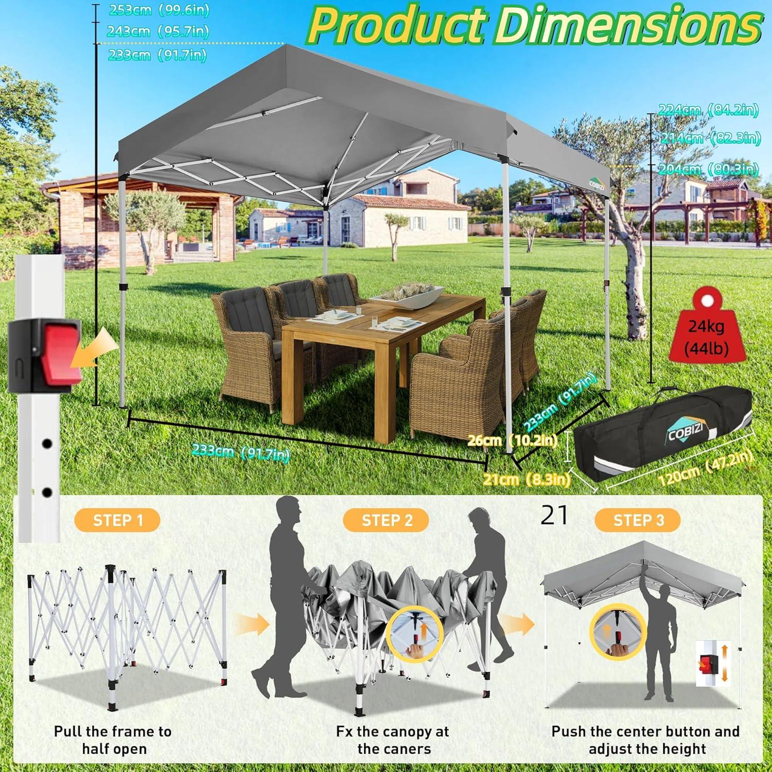 image:imageCOBIZI 10x10 Pop up Canopy Portable Garage with 1Button Push Center Lock Car Port Garage with 1 Sidewalls UV Resistant Waterproof AllSeason Tents Shelter for TruckGray