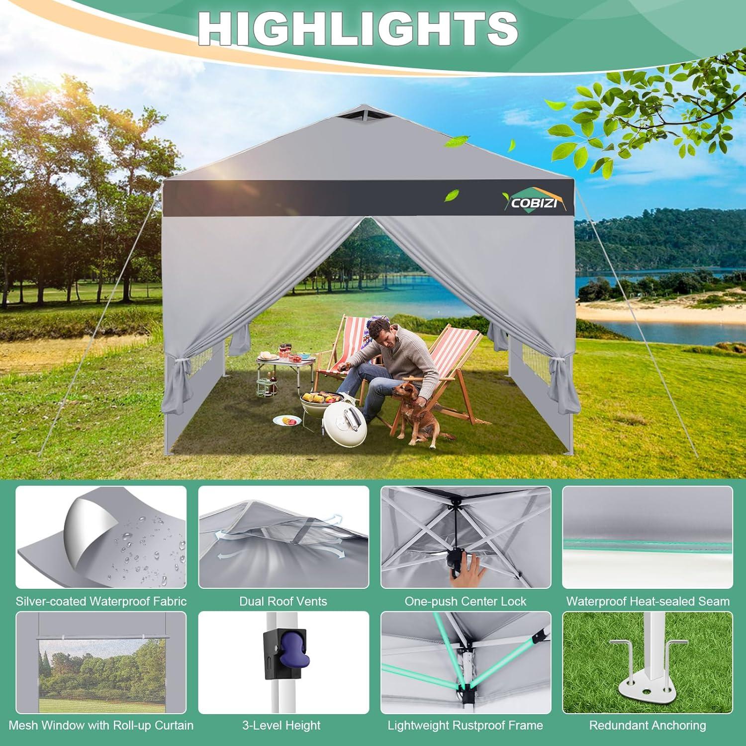 image:imageCOBIZI 10x10 Pop up Canopy Portable Garage with 1Button Push Center Lock Car Port Garage with 1 Sidewalls UV Resistant Waterproof AllSeason Tents Shelter for TruckMistGrayDimGray