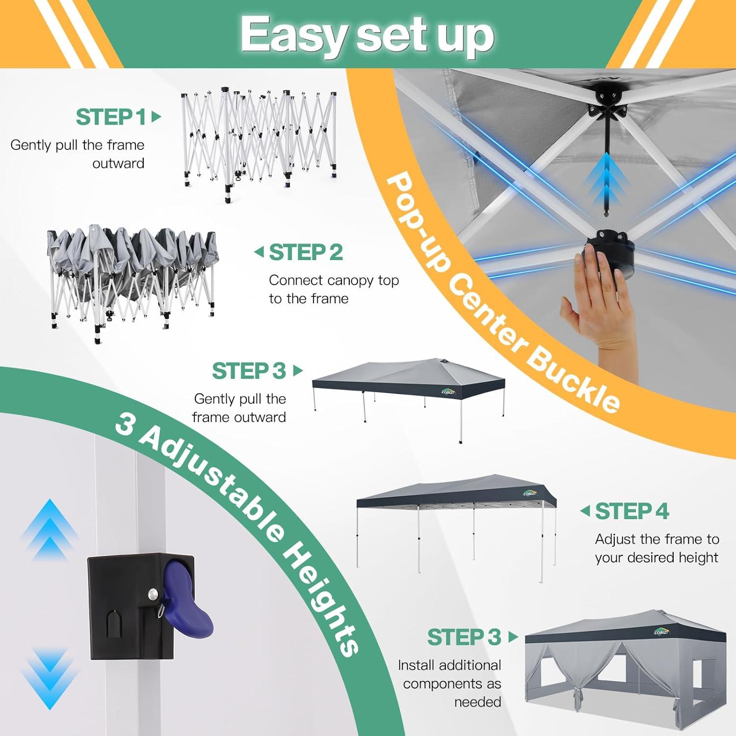 image:imageCOBIZI 10x10 Pop up Canopy Portable Garage with 1Button Push Center Lock Car Port Garage with 1 Sidewalls UV Resistant Waterproof AllSeason Tents Shelter for TruckSilverDimGray