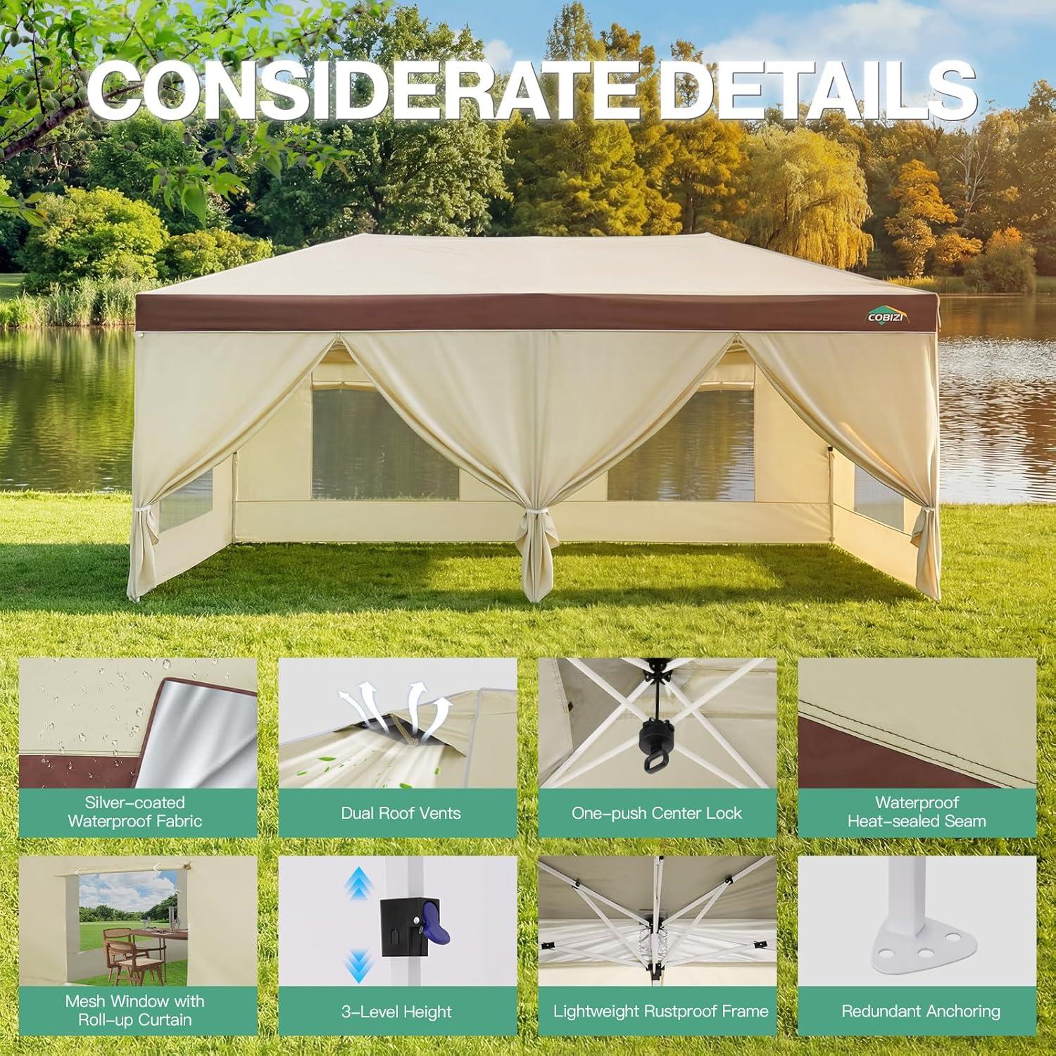 image:imageCOBIZI 10x10 Pop up Canopy Portable Garage with 1Button Push Center Lock Car Port Garage with 1 Sidewalls UV Resistant Waterproof AllSeason Tents Shelter for TruckKhakiDarkBrown
