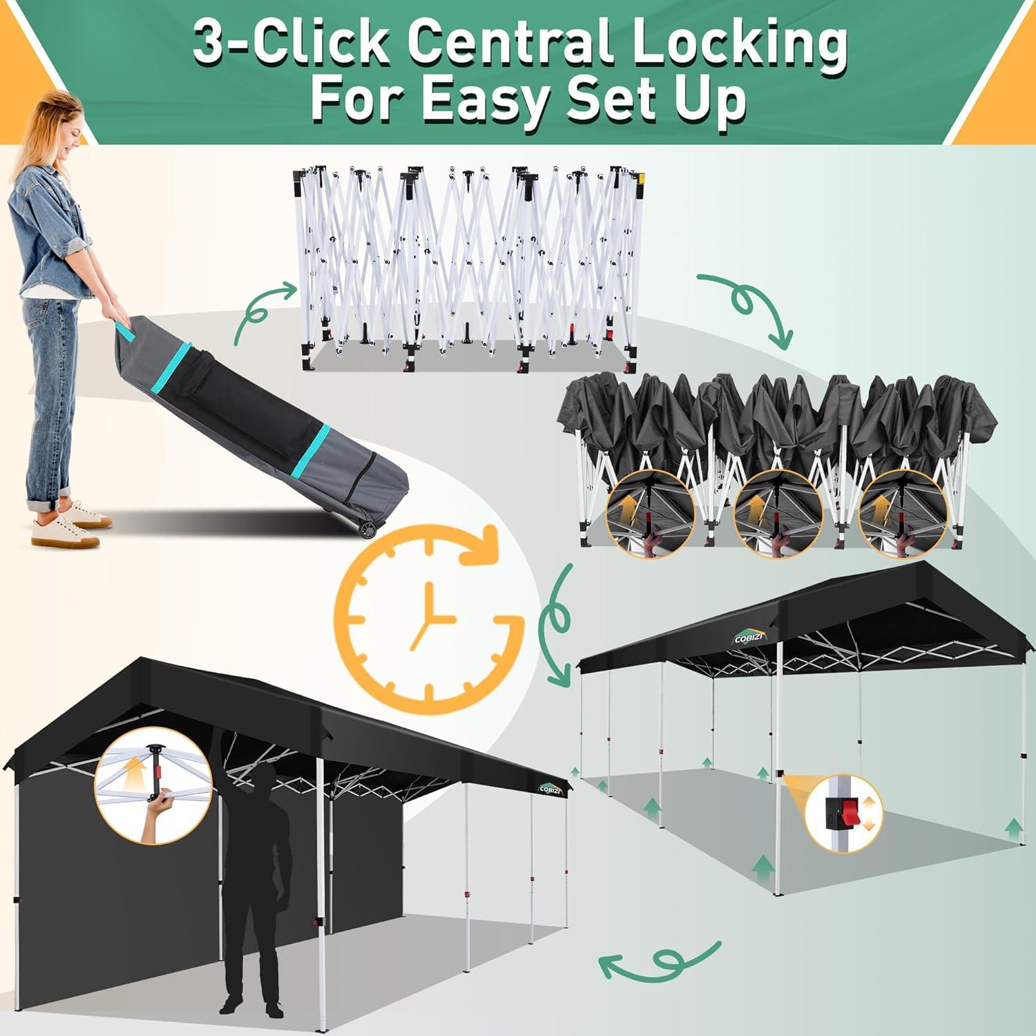 image:imageCOBIZI 10x10 Pop up Canopy Portable Garage with 1Button Push Center Lock Car Port Garage with 1 Sidewalls UV Resistant Waterproof AllSeason Tents Shelter for TruckBlack