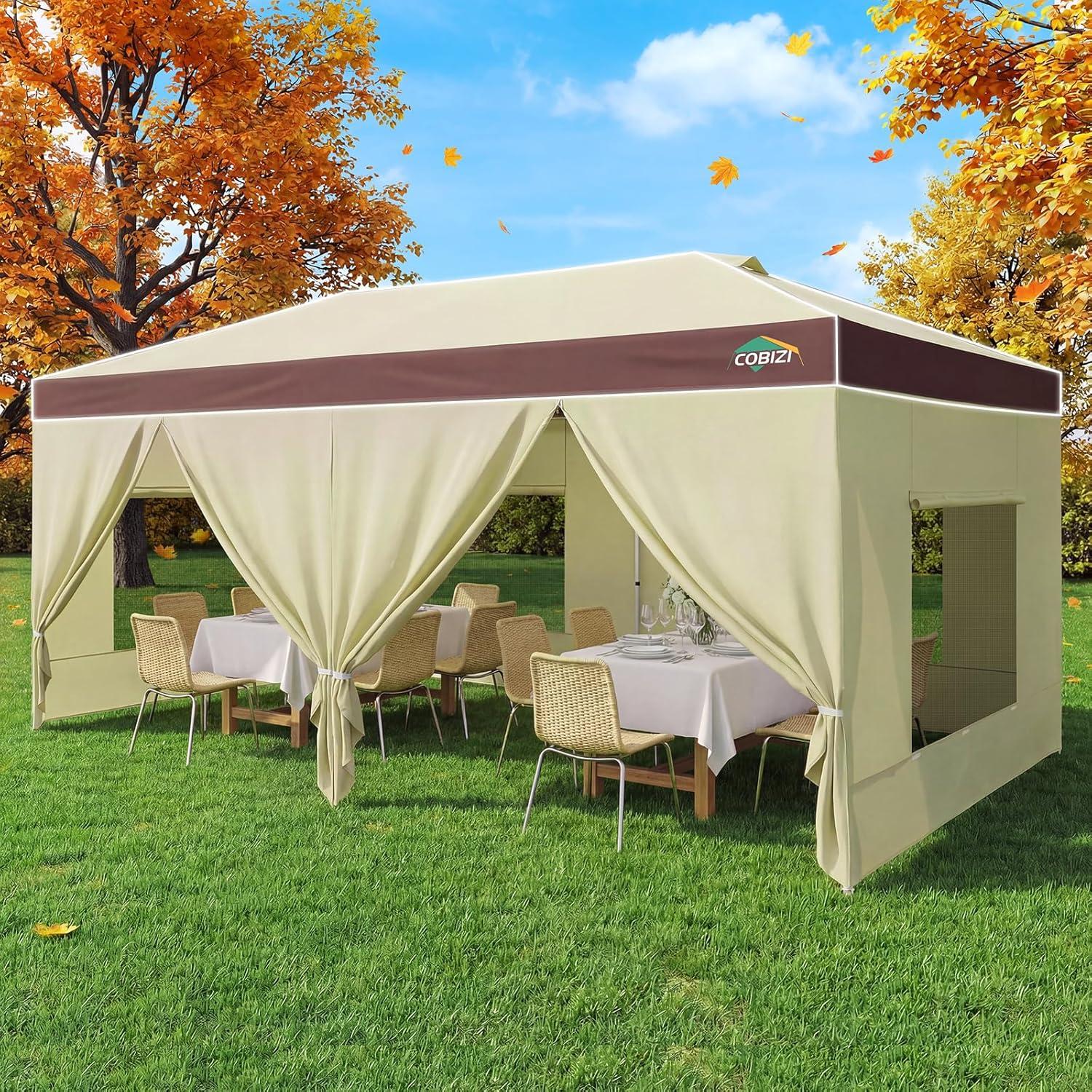 image:imageCOBIZI 10x10 Pop up Canopy Portable Garage with 1Button Push Center Lock Car Port Garage with 1 Sidewalls UV Resistant Waterproof AllSeason Tents Shelter for TruckKhakiDarkBrown