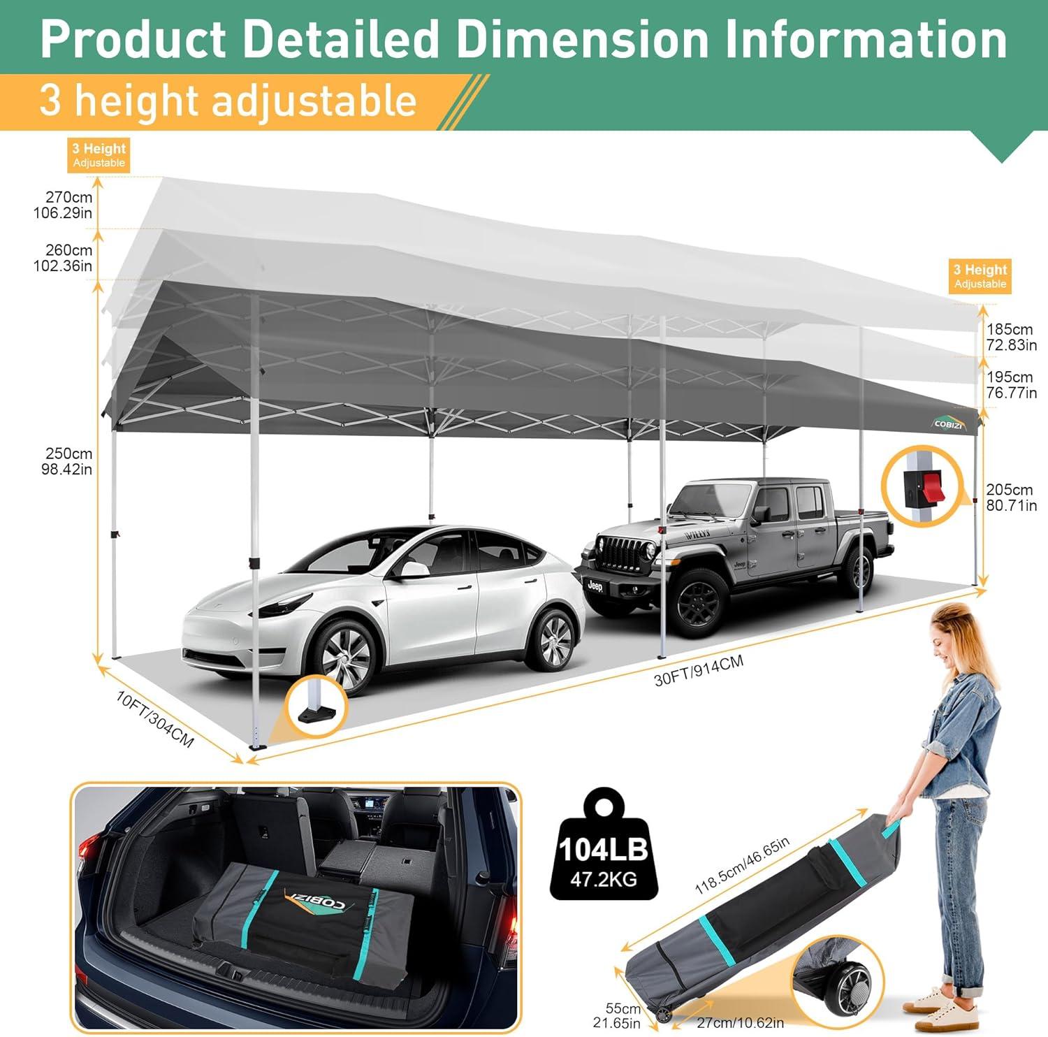 image:imageCOBIZI 10x10 Pop up Canopy Portable Garage with 1Button Push Center Lock Car Port Garage with 1 Sidewalls UV Resistant Waterproof AllSeason Tents Shelter for TruckGray