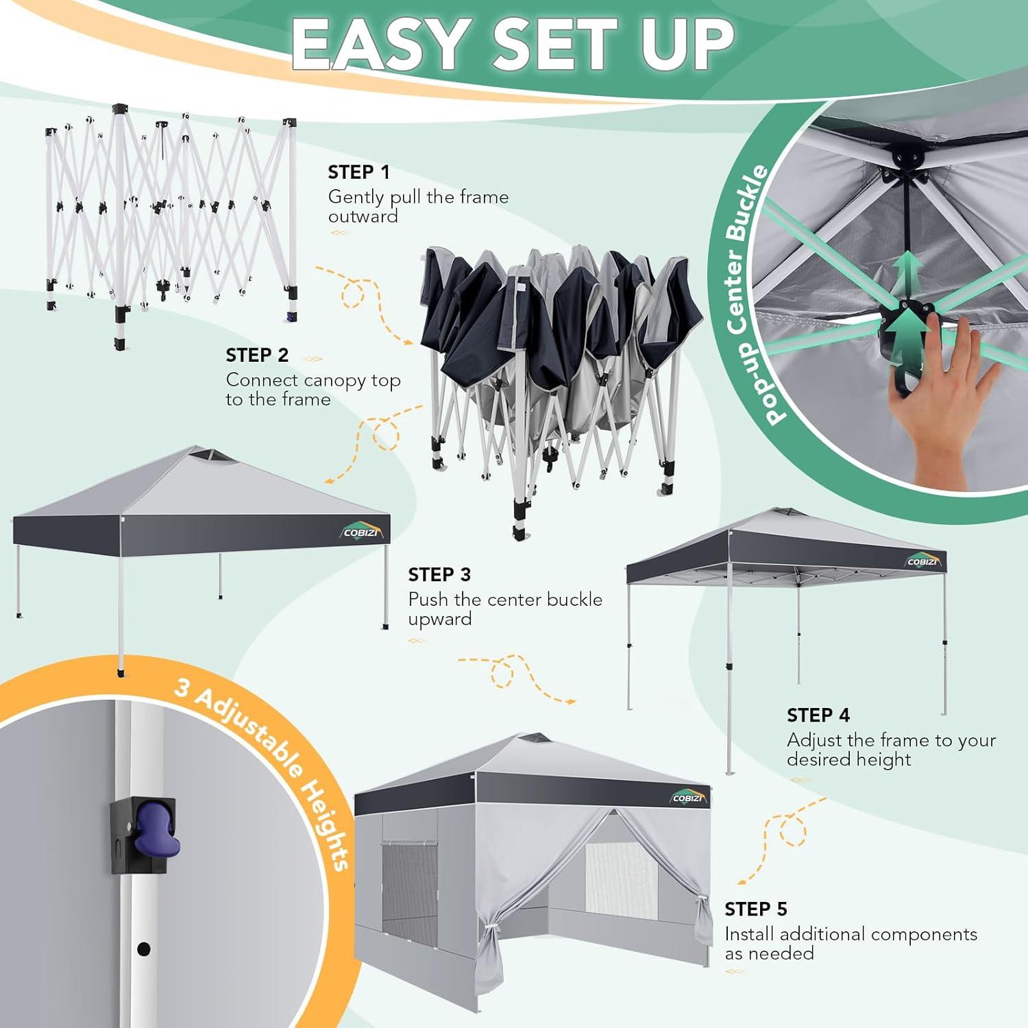image:imageCOBIZI 10x10 Pop up Canopy Portable Garage with 1Button Push Center Lock Car Port Garage with 1 Sidewalls UV Resistant Waterproof AllSeason Tents Shelter for TruckMistGrayDimGray