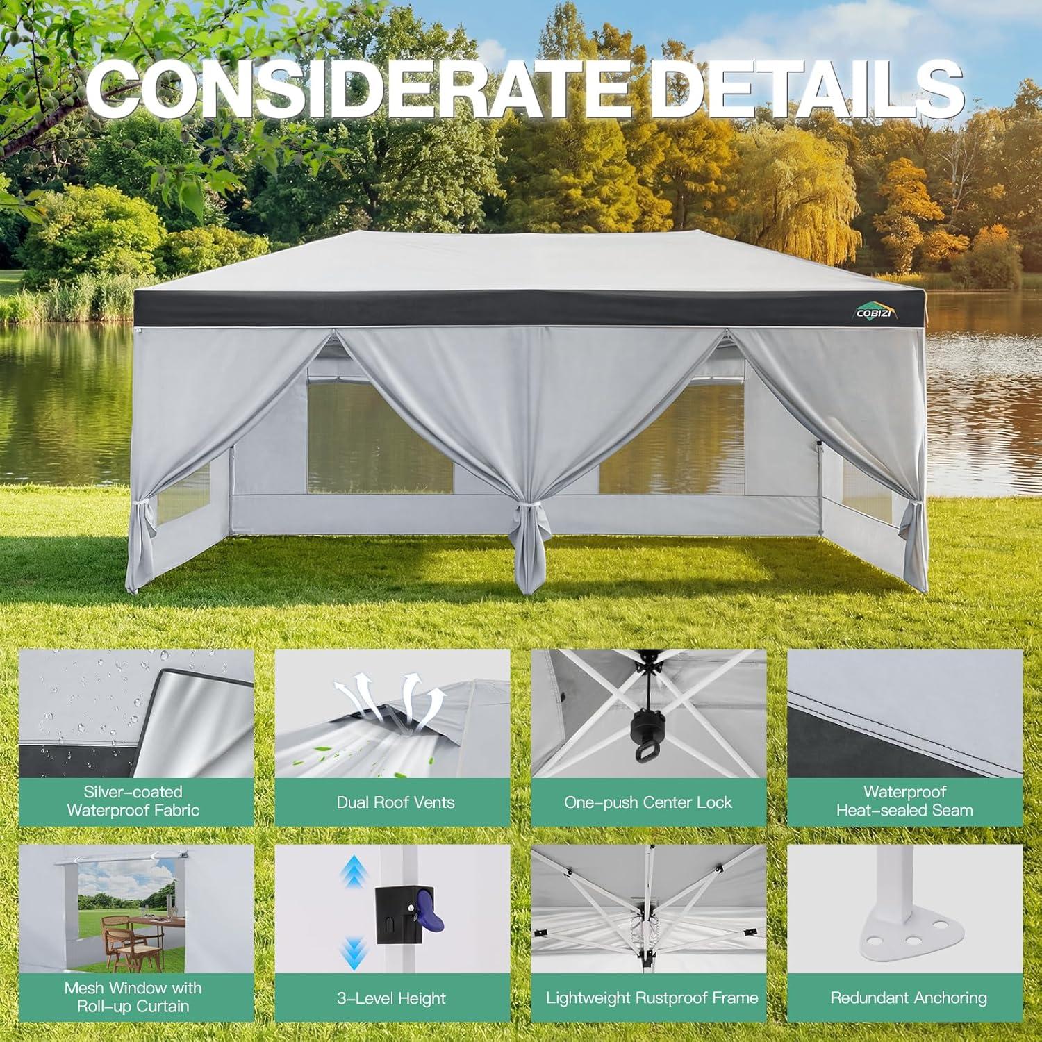 image:imageCOBIZI 10x10 Pop up Canopy Portable Garage with 1Button Push Center Lock Car Port Garage with 1 Sidewalls UV Resistant Waterproof AllSeason Tents Shelter for TruckMistGrayDimGray