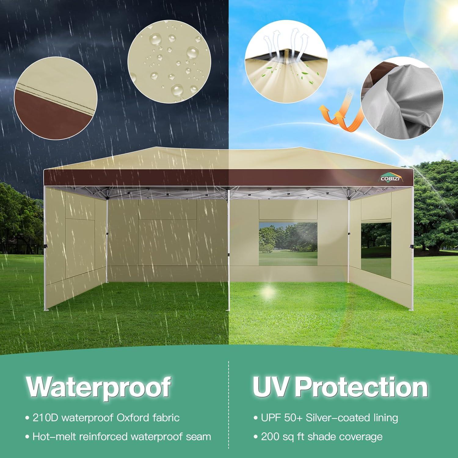 image:imageCOBIZI 10x10 Pop up Canopy Portable Garage with 1Button Push Center Lock Car Port Garage with 1 Sidewalls UV Resistant Waterproof AllSeason Tents Shelter for TruckKhakiDarkBrown
