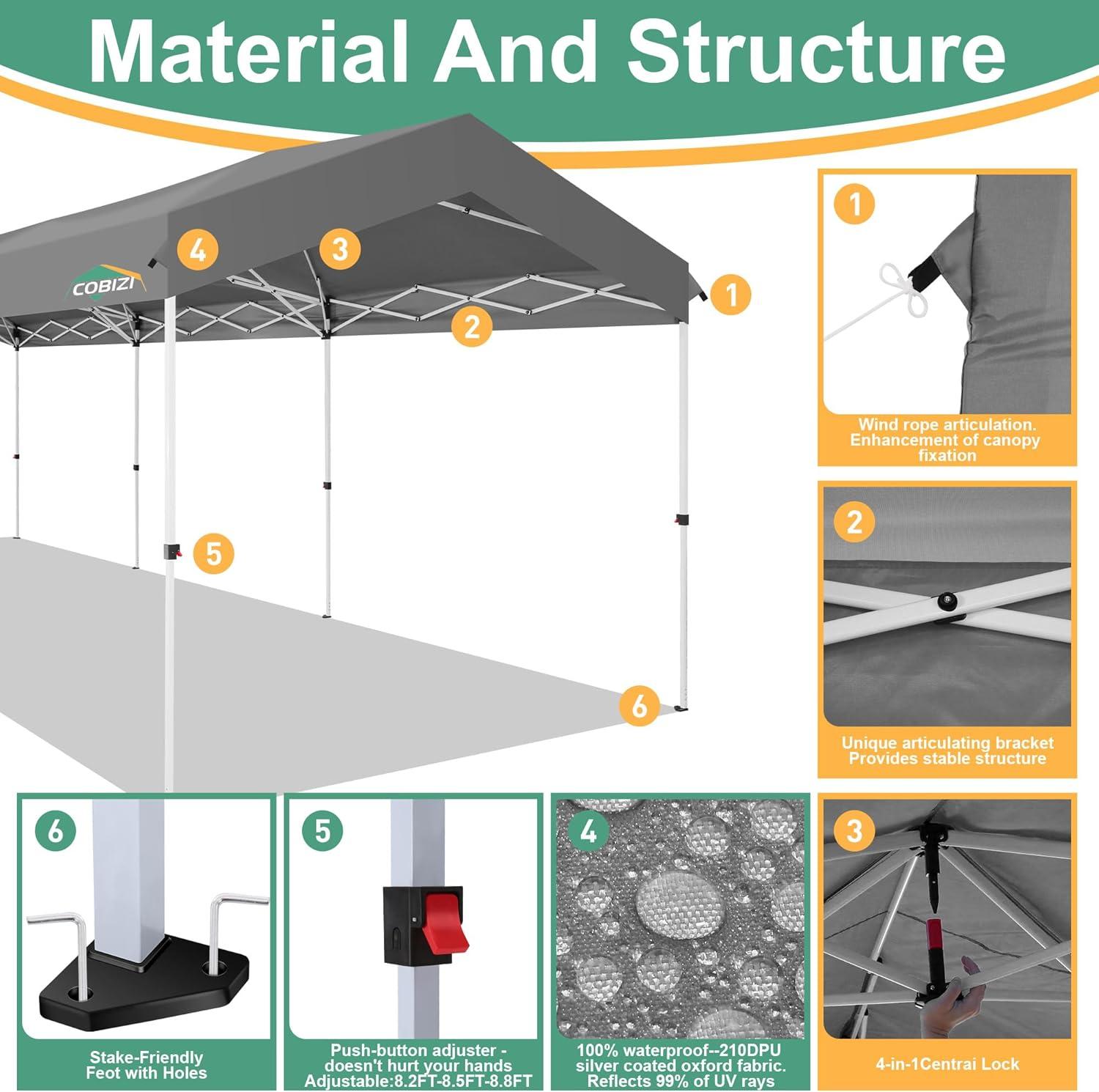 image:imageCOBIZI 10x10 Pop up Canopy Portable Garage with 1Button Push Center Lock Car Port Garage with 1 Sidewalls UV Resistant Waterproof AllSeason Tents Shelter for TruckGray