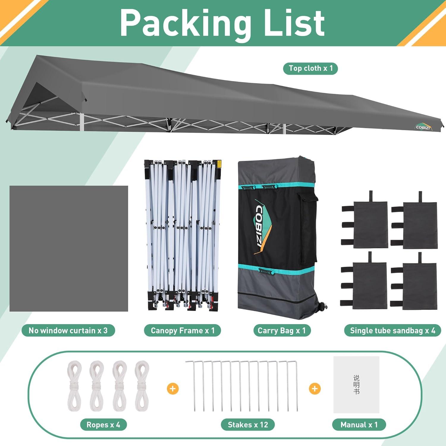 image:imageCOBIZI 10x10 Pop up Canopy Portable Garage with 1Button Push Center Lock Car Port Garage with 1 Sidewalls UV Resistant Waterproof AllSeason Tents Shelter for TruckGray