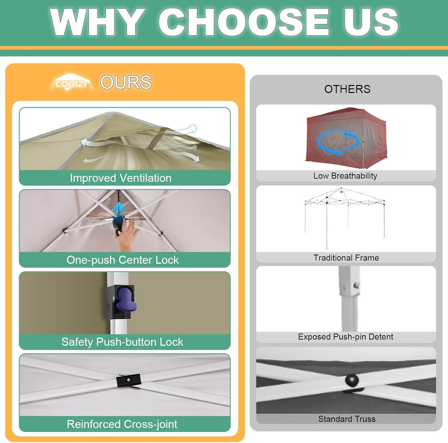 image:imageCOBIZI 10x10 Pop up Canopy Portable Garage with 1Button Push Center Lock Car Port Garage with 1 Sidewalls UV Resistant Waterproof AllSeason Tents Shelter for TruckKhakiDarkBrown