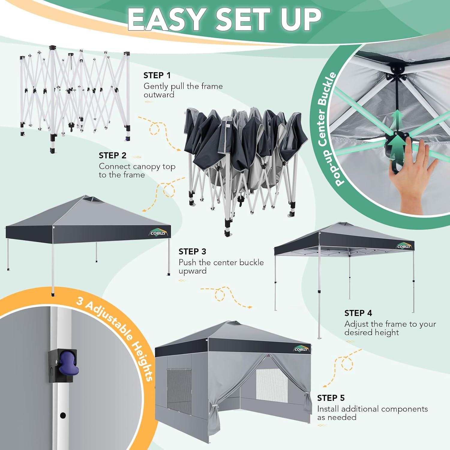 image:imageCOBIZI 10x10 Pop up Canopy Portable Garage with 1Button Push Center Lock Car Port Garage with 1 Sidewalls UV Resistant Waterproof AllSeason Tents Shelter for TruckSilverDimGray