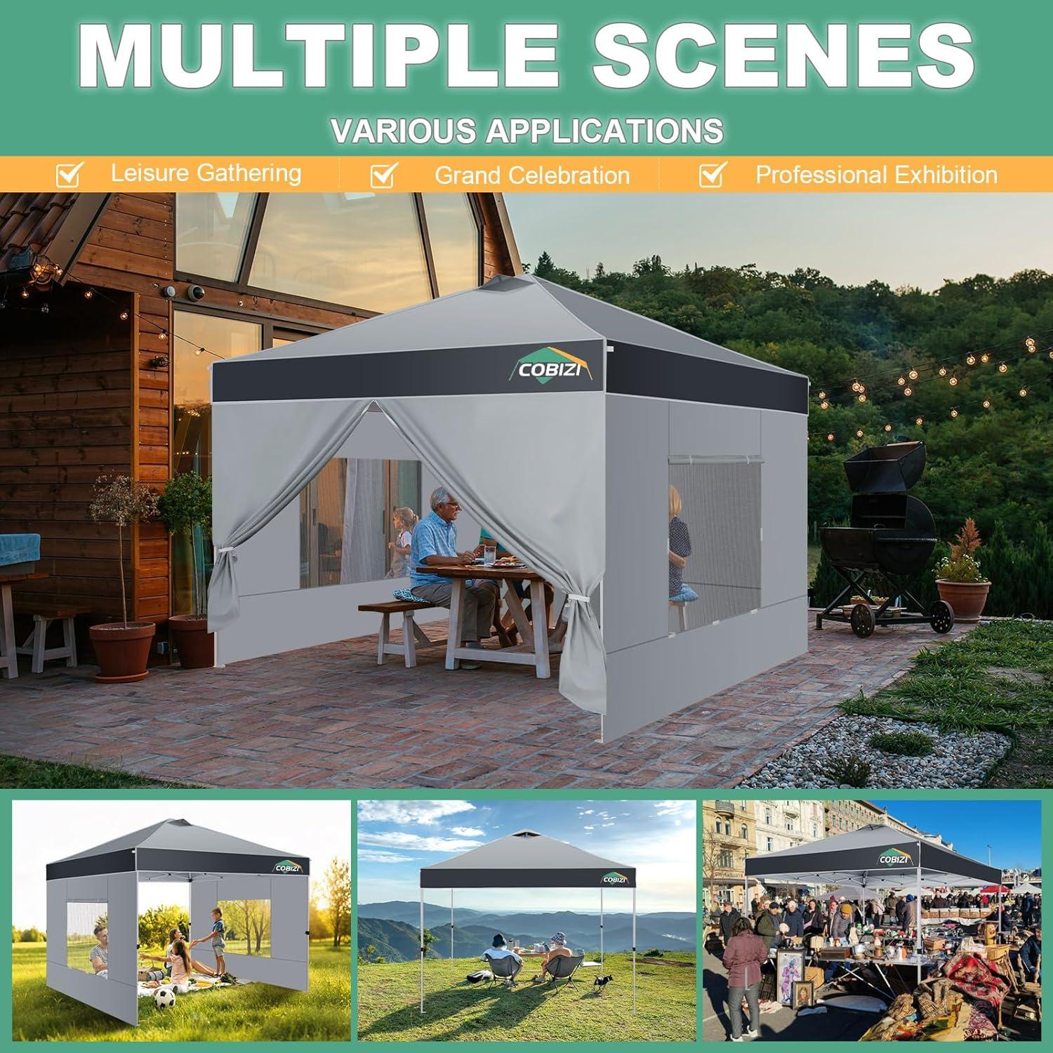 image:imageCOBIZI 10x10 Pop up Canopy Portable Garage with 1Button Push Center Lock Car Port Garage with 1 Sidewalls UV Resistant Waterproof AllSeason Tents Shelter for TruckSilverDimGray
