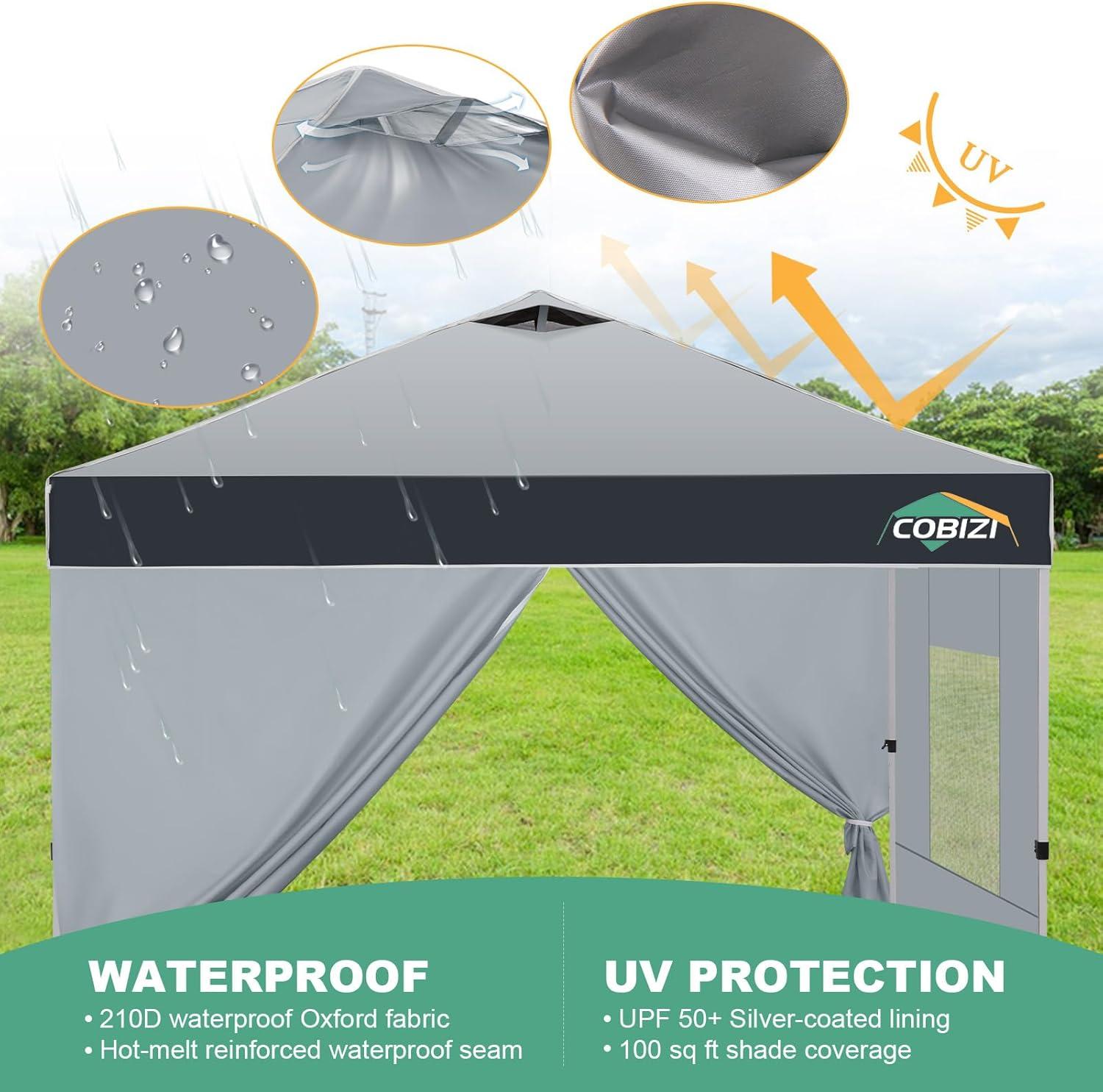 image:imageCOBIZI 10x10 Pop up Canopy Portable Garage with 1Button Push Center Lock Car Port Garage with 1 Sidewalls UV Resistant Waterproof AllSeason Tents Shelter for TruckSilverDimGray
