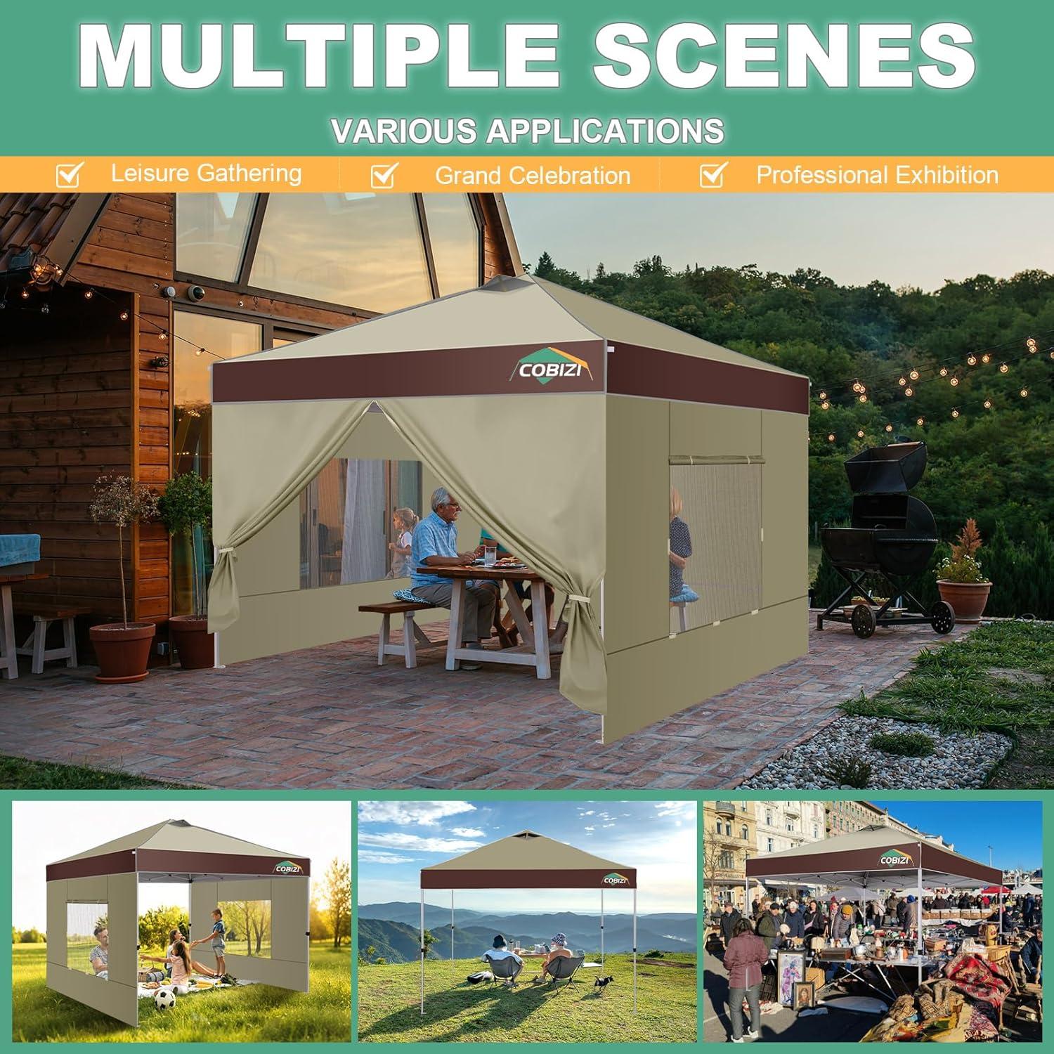 image:imageCOBIZI 10x10 Pop up Canopy Portable Garage with 1Button Push Center Lock Car Port Garage with 1 Sidewalls UV Resistant Waterproof AllSeason Tents Shelter for TruckKhakiDarkBrown