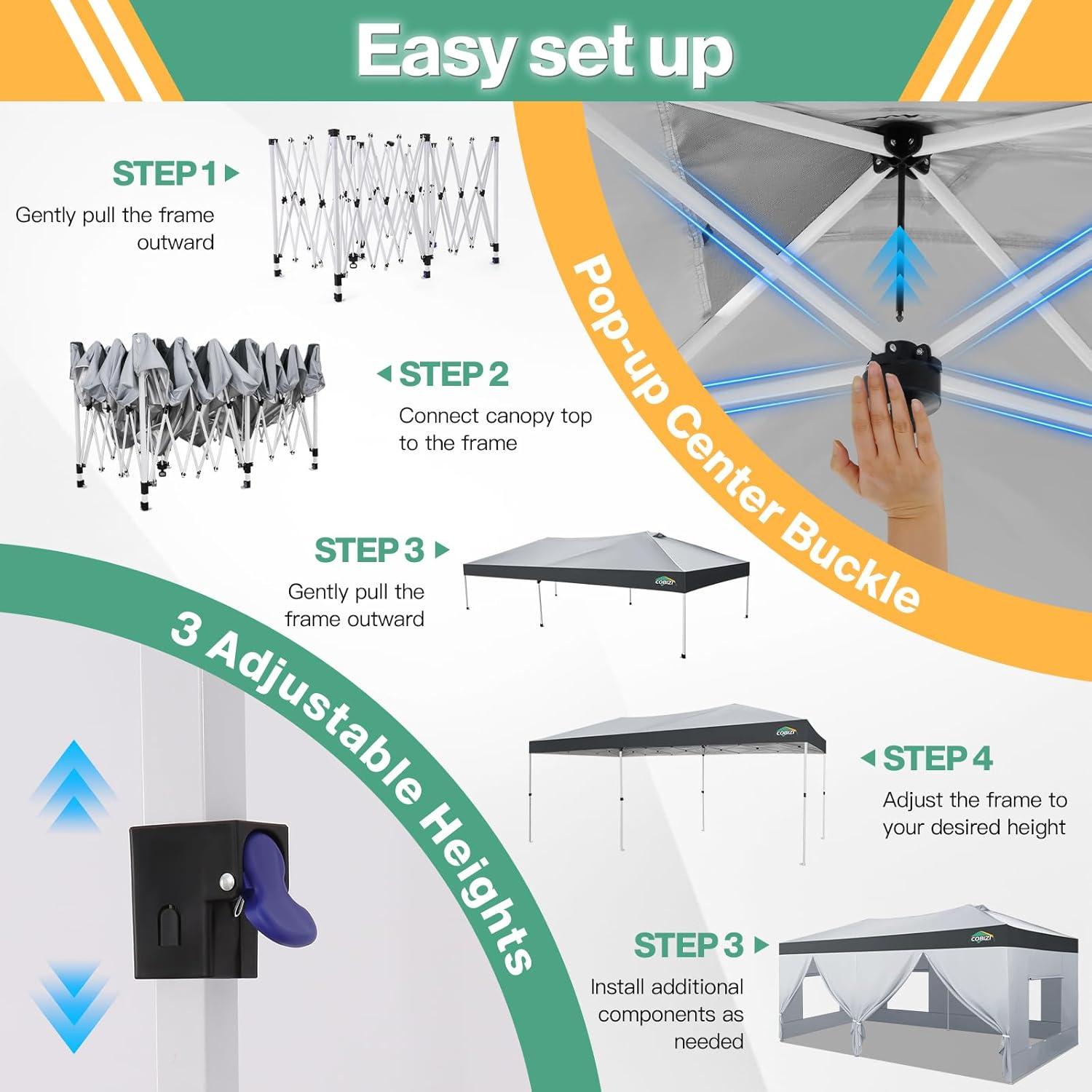 image:imageCOBIZI 10x10 Pop up Canopy Portable Garage with 1Button Push Center Lock Car Port Garage with 1 Sidewalls UV Resistant Waterproof AllSeason Tents Shelter for TruckMistGrayDimGray