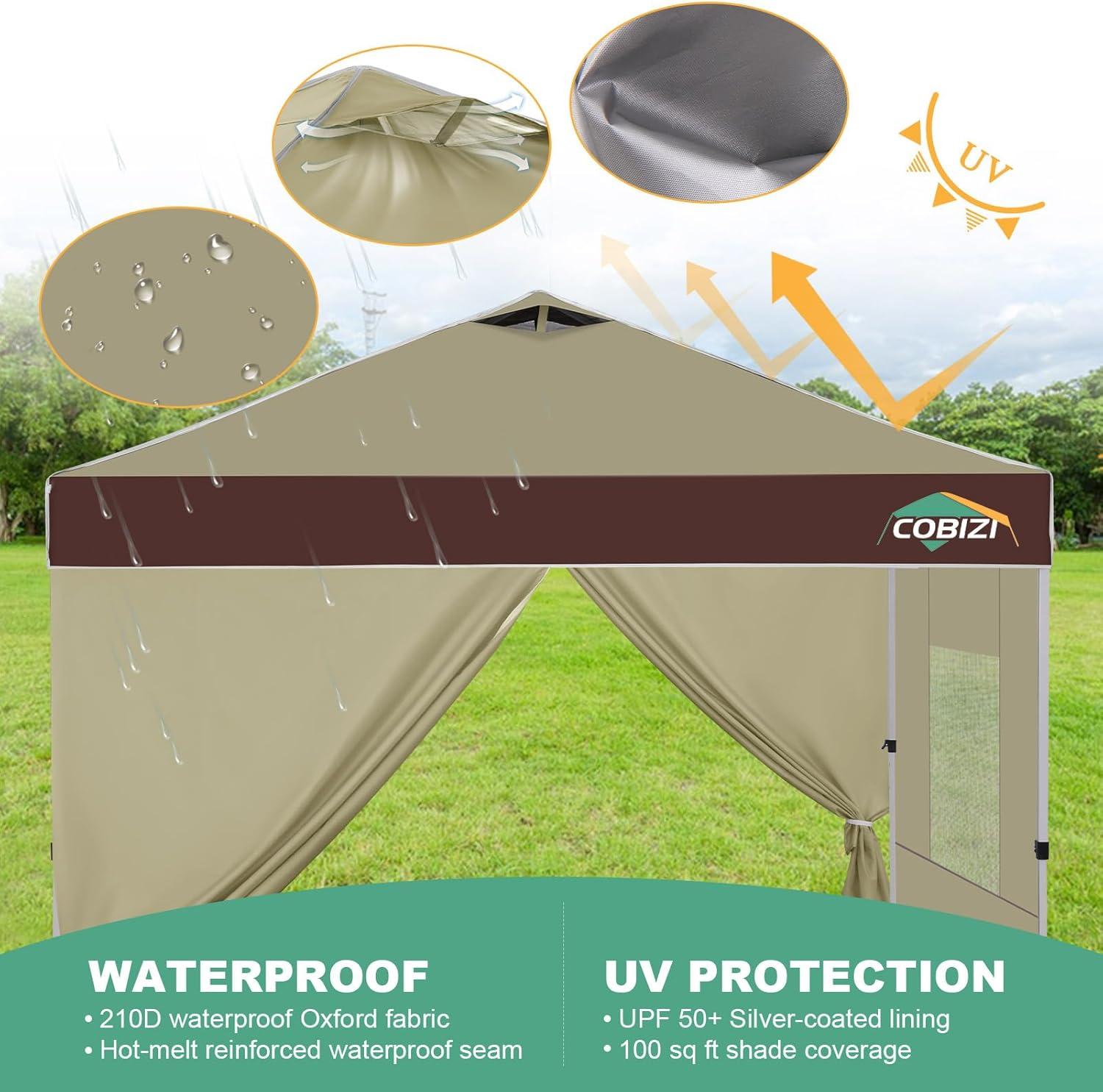 image:imageCOBIZI 10x10 Pop up Canopy Portable Garage with 1Button Push Center Lock Car Port Garage with 1 Sidewalls UV Resistant Waterproof AllSeason Tents Shelter for TruckKhakiDarkBrown