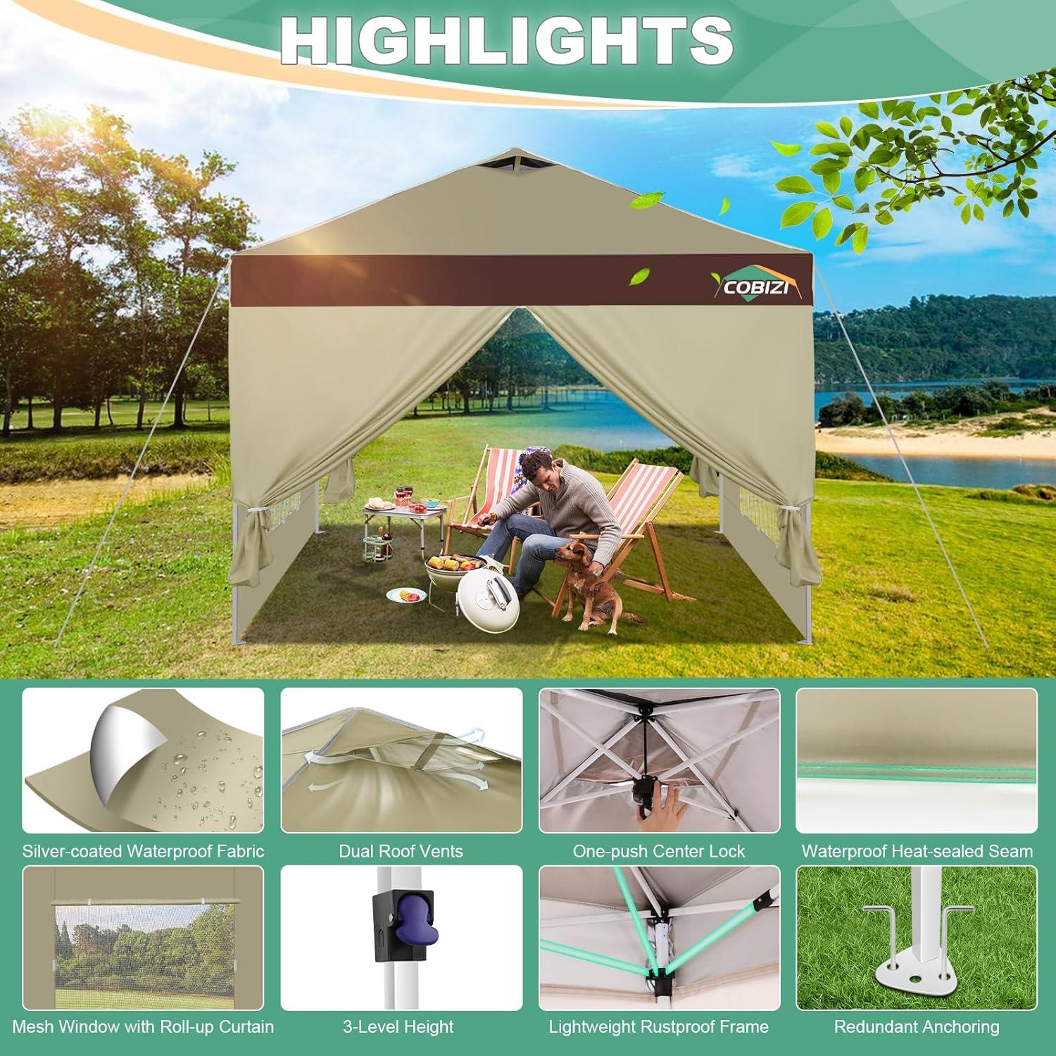image:imageCOBIZI 10x10 Pop up Canopy Portable Garage with 1Button Push Center Lock Car Port Garage with 1 Sidewalls UV Resistant Waterproof AllSeason Tents Shelter for TruckKhakiDarkBrown