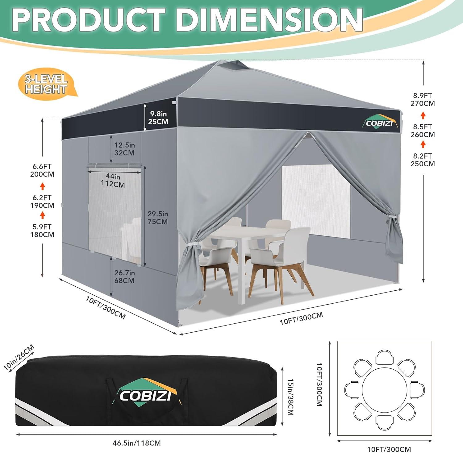 image:imageCOBIZI 10x10 Pop up Canopy Portable Garage with 1Button Push Center Lock Car Port Garage with 1 Sidewalls UV Resistant Waterproof AllSeason Tents Shelter for TruckSilverDimGray