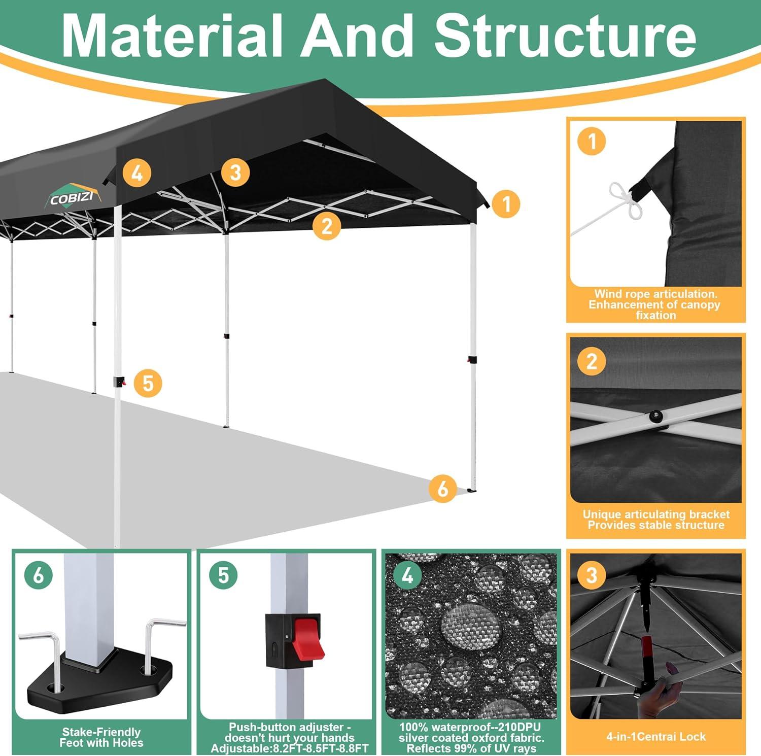image:imageCOBIZI 10x10 Pop up Canopy Portable Garage with 1Button Push Center Lock Car Port Garage with 1 Sidewalls UV Resistant Waterproof AllSeason Tents Shelter for TruckBlack