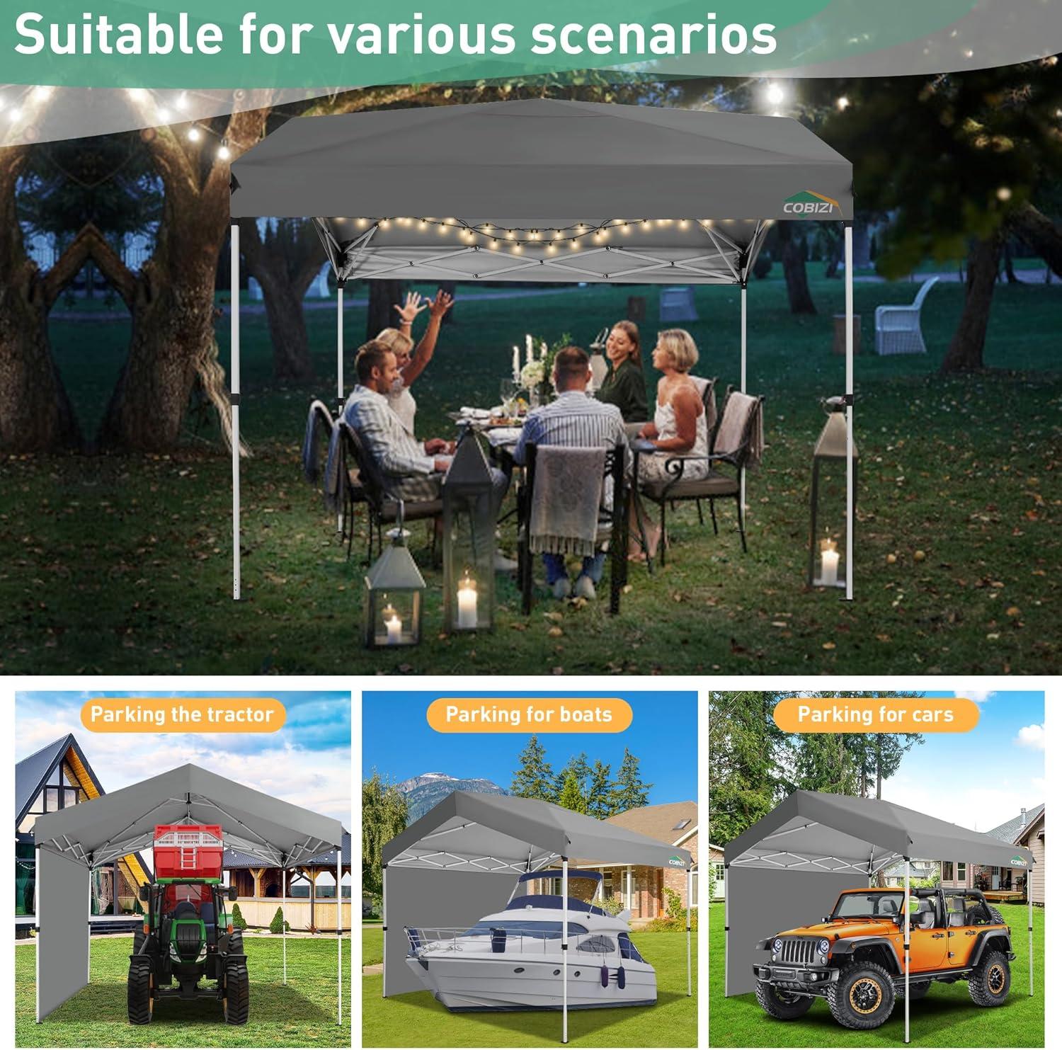 image:imageCOBIZI 10x10 Pop up Canopy Portable Garage with 1Button Push Center Lock Car Port Garage with 1 Sidewalls UV Resistant Waterproof AllSeason Tents Shelter for TruckGray
