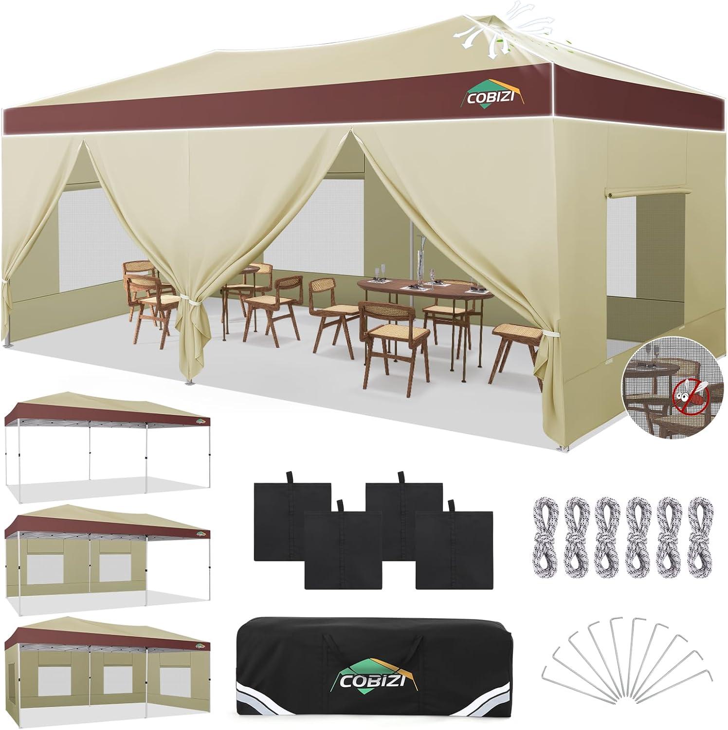 image:imageCOBIZI 10x10 Pop up Canopy Portable Garage with 1Button Push Center Lock Car Port Garage with 1 Sidewalls UV Resistant Waterproof AllSeason Tents Shelter for TruckKhakiDarkBrown