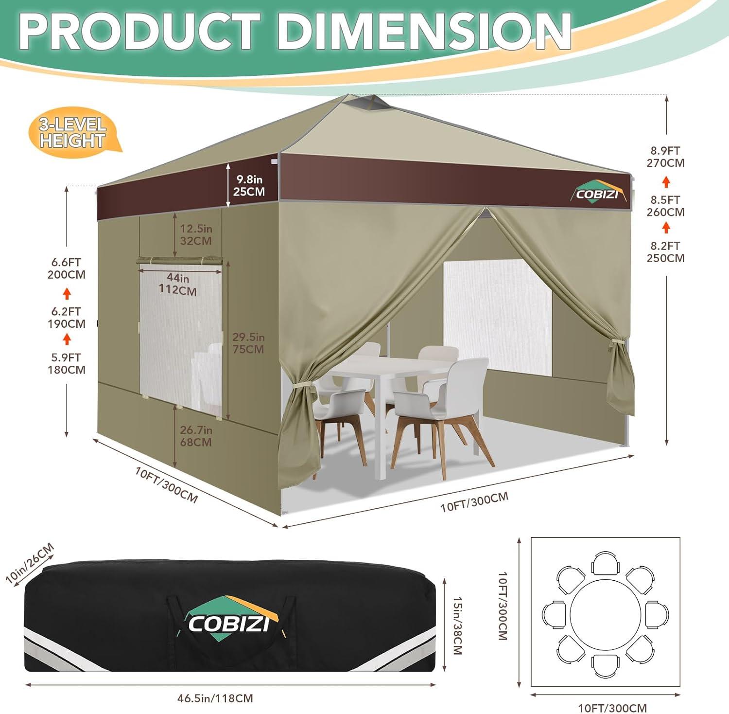 image:imageCOBIZI 10x10 Pop up Canopy Portable Garage with 1Button Push Center Lock Car Port Garage with 1 Sidewalls UV Resistant Waterproof AllSeason Tents Shelter for TruckKhakiDarkBrown