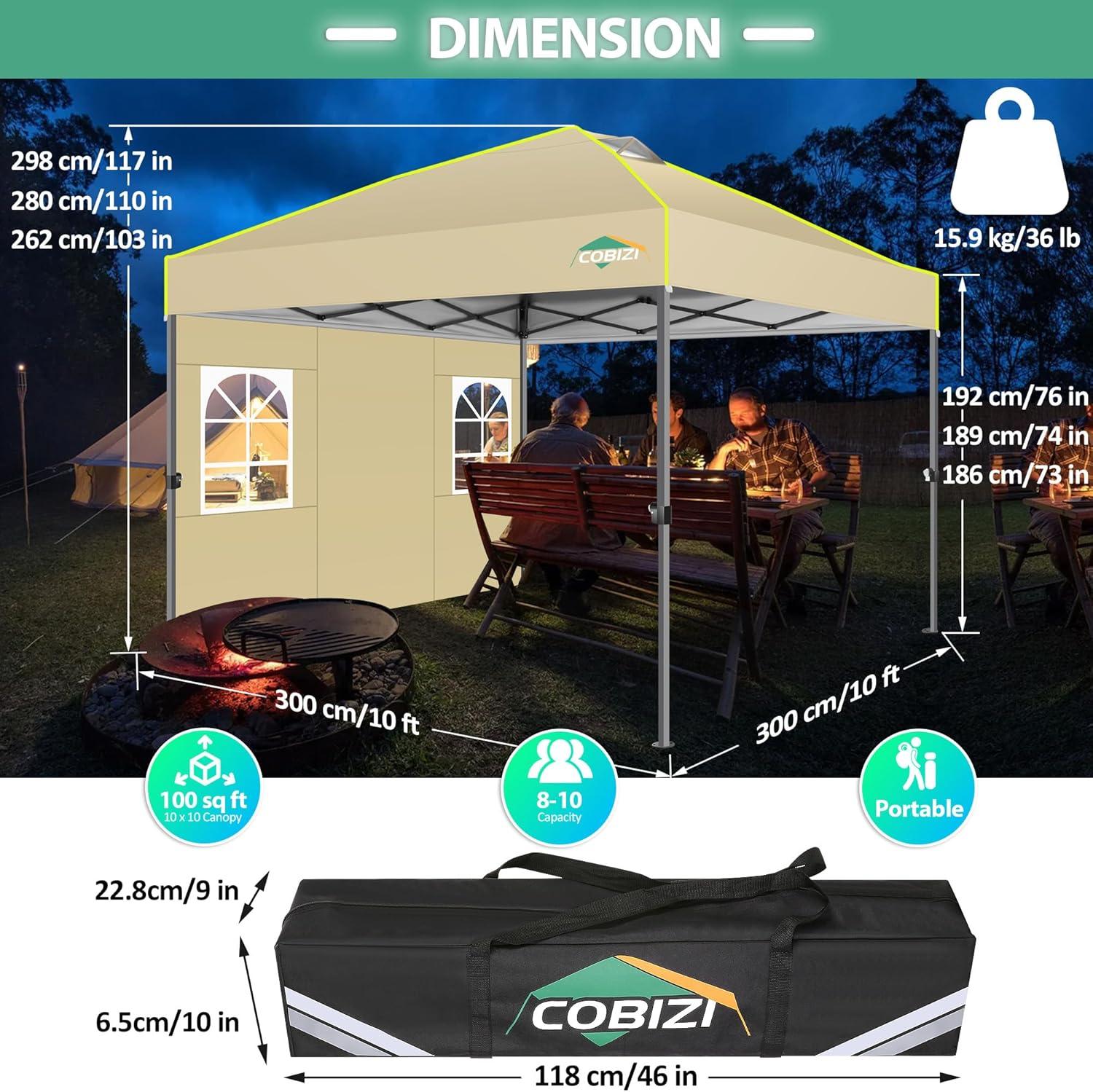 image:imageCOBIZI 10x10 Pop up Canopy Tent with SidewallsOne Person Setup Waterproof3 Adjustable HeightOutdoor Commercial Gazebo with Air Vent Reflective Strip4 Sandbags for GardenParty BeachKhaki