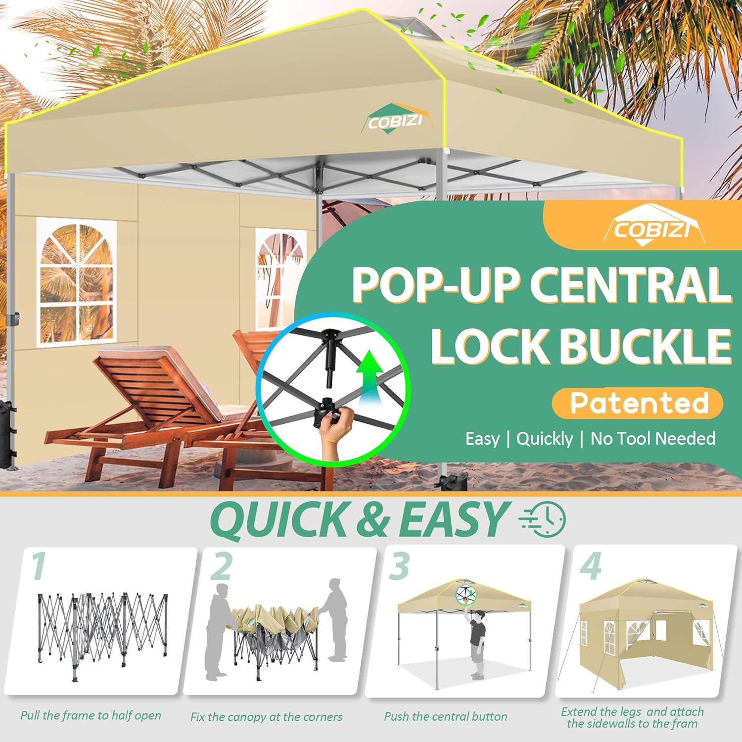 image:imageCOBIZI 10x10 Pop up Canopy Tent with SidewallsOne Person Setup Waterproof3 Adjustable HeightOutdoor Commercial Gazebo with Air Vent Reflective Strip4 Sandbags for GardenParty BeachKhaki