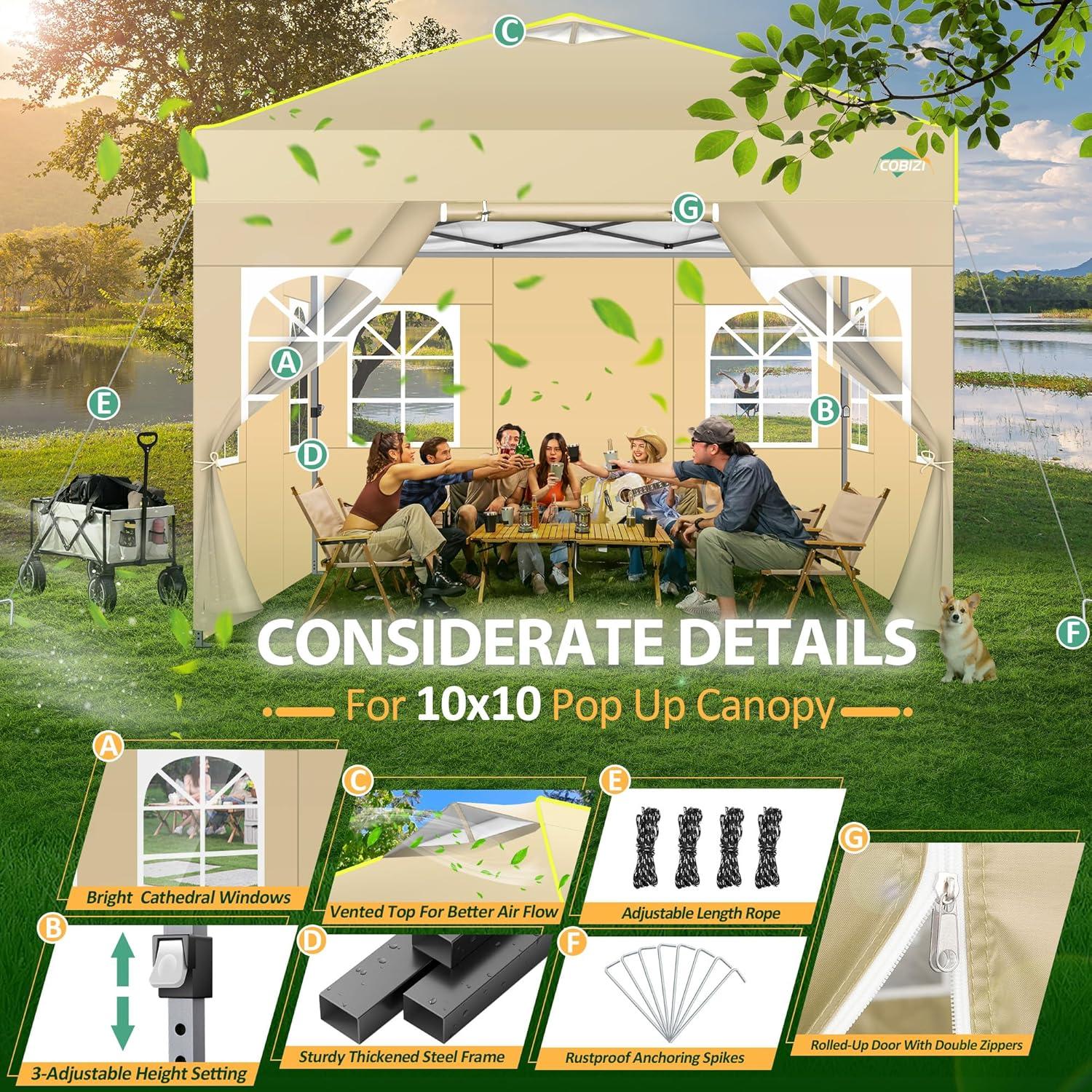 image:imageCOBIZI 10x10 Pop up Canopy Tent with SidewallsOne Person Setup Waterproof3 Adjustable HeightOutdoor Commercial Gazebo with Air Vent Reflective Strip4 Sandbags for GardenParty BeachKhaki
