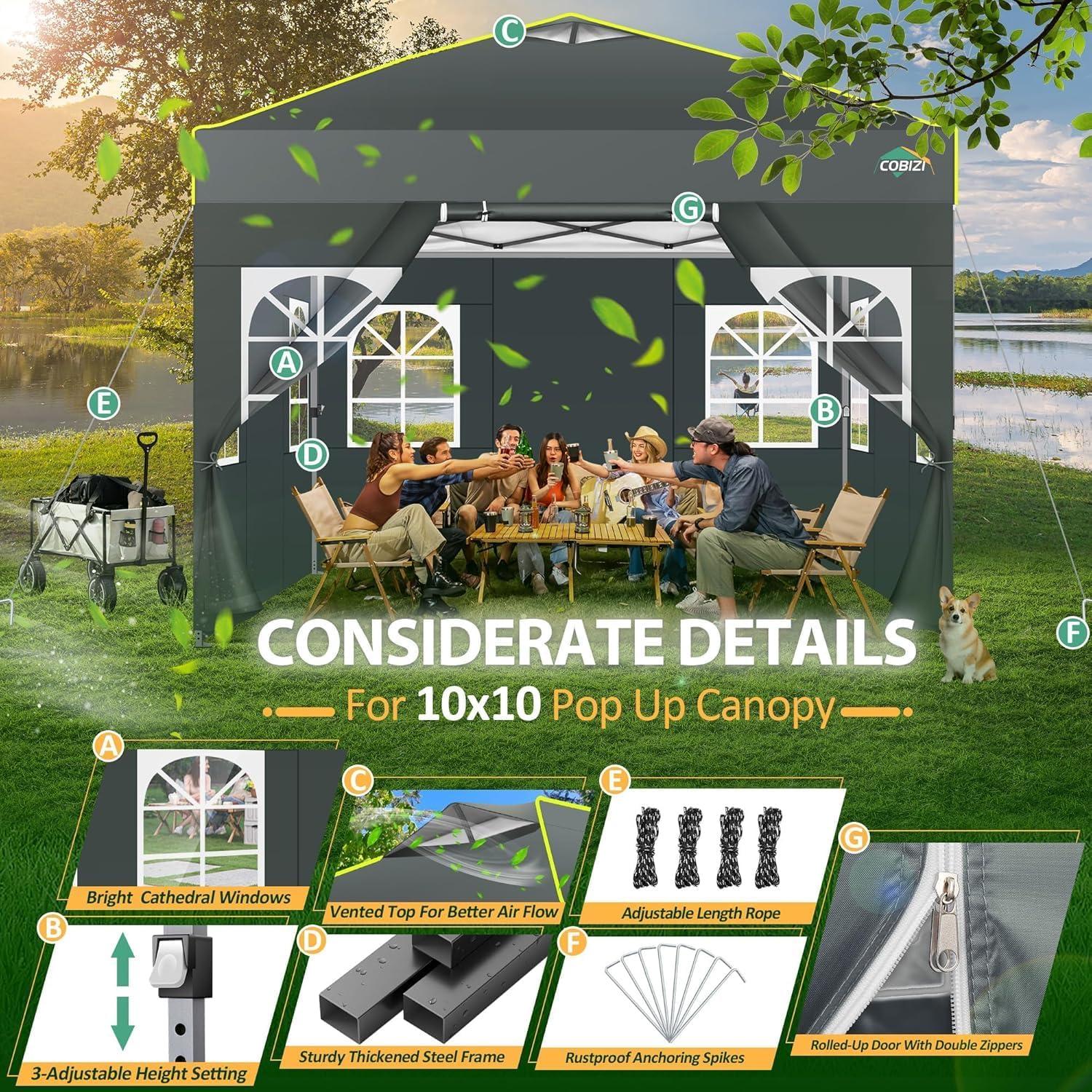 image:imageCOBIZI 10x10 Pop up Canopy Tent with SidewallsOne Push Setup Tent for Parties Waterproof amp UV 50 Outdoor Commercial Gazebo with Air Vent Reflective Strip4 Sandbags for Garden BeachBlackGrey1year warranty