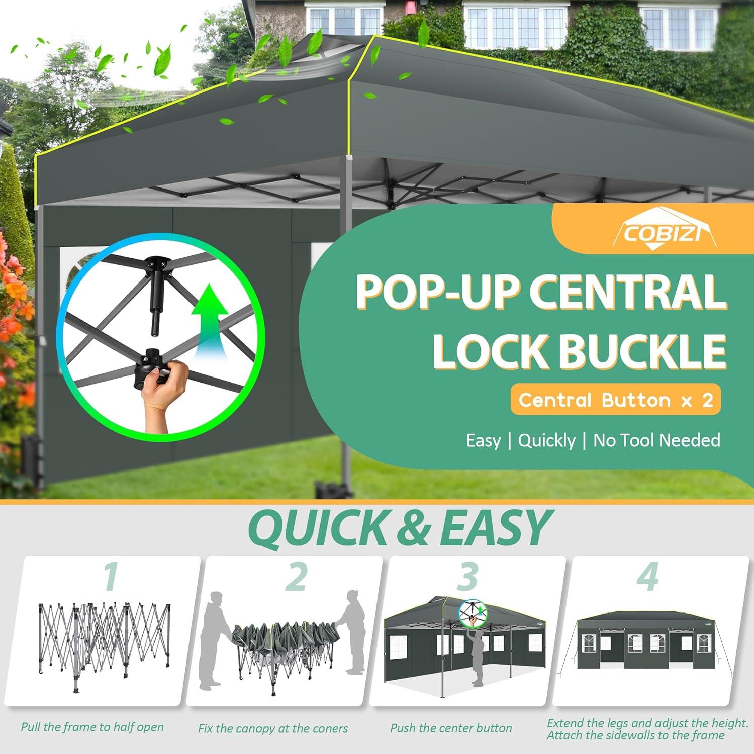 image:imageCOBIZI 10x10 Pop up Canopy Tent with SidewallsOne Push Setup Tent for Parties Waterproof amp UV 50 Outdoor Commercial Gazebo with Air Vent Reflective Strip4 Sandbags for Garden BeachBlackGrey1year warranty