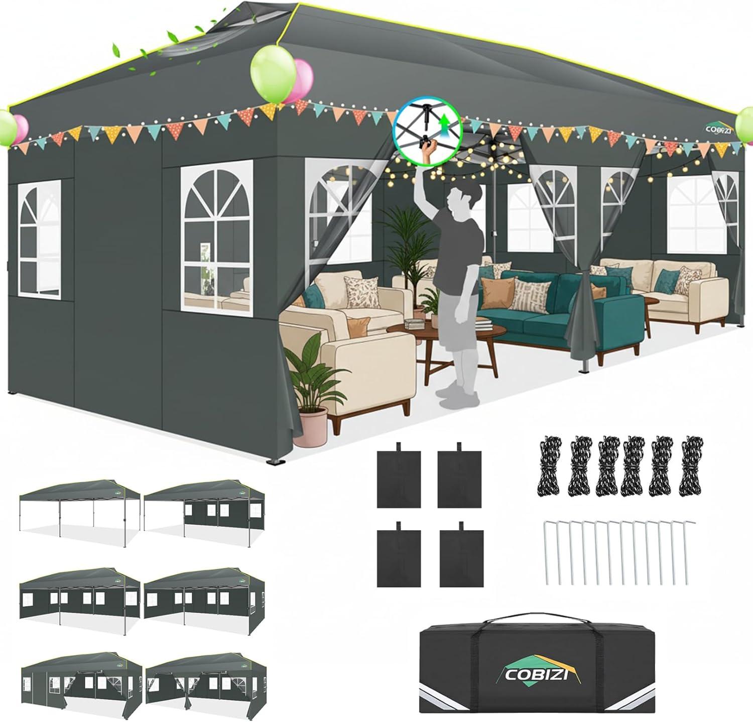 image:imageCOBIZI 10x10 Pop up Canopy Tent with SidewallsOne Push Setup Tent for Parties Waterproof amp UV 50 Outdoor Commercial Gazebo with Air Vent Reflective Strip4 Sandbags for Garden BeachBlackGrey1year warranty